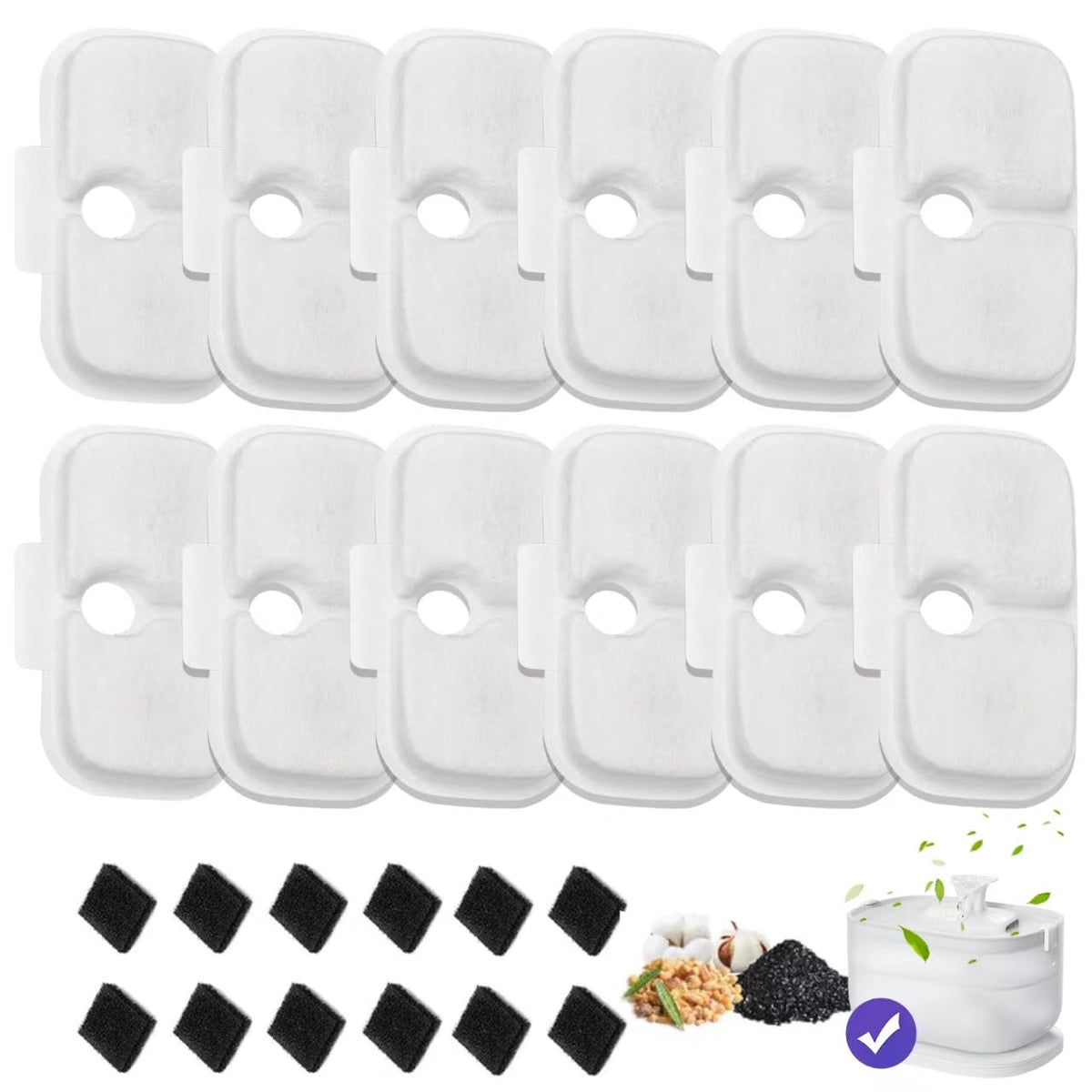 AnyEnjoy cat water fountain filter packaging highlights a 12-pack for PETLIBRO compatibility, convenient reservoir replacements.