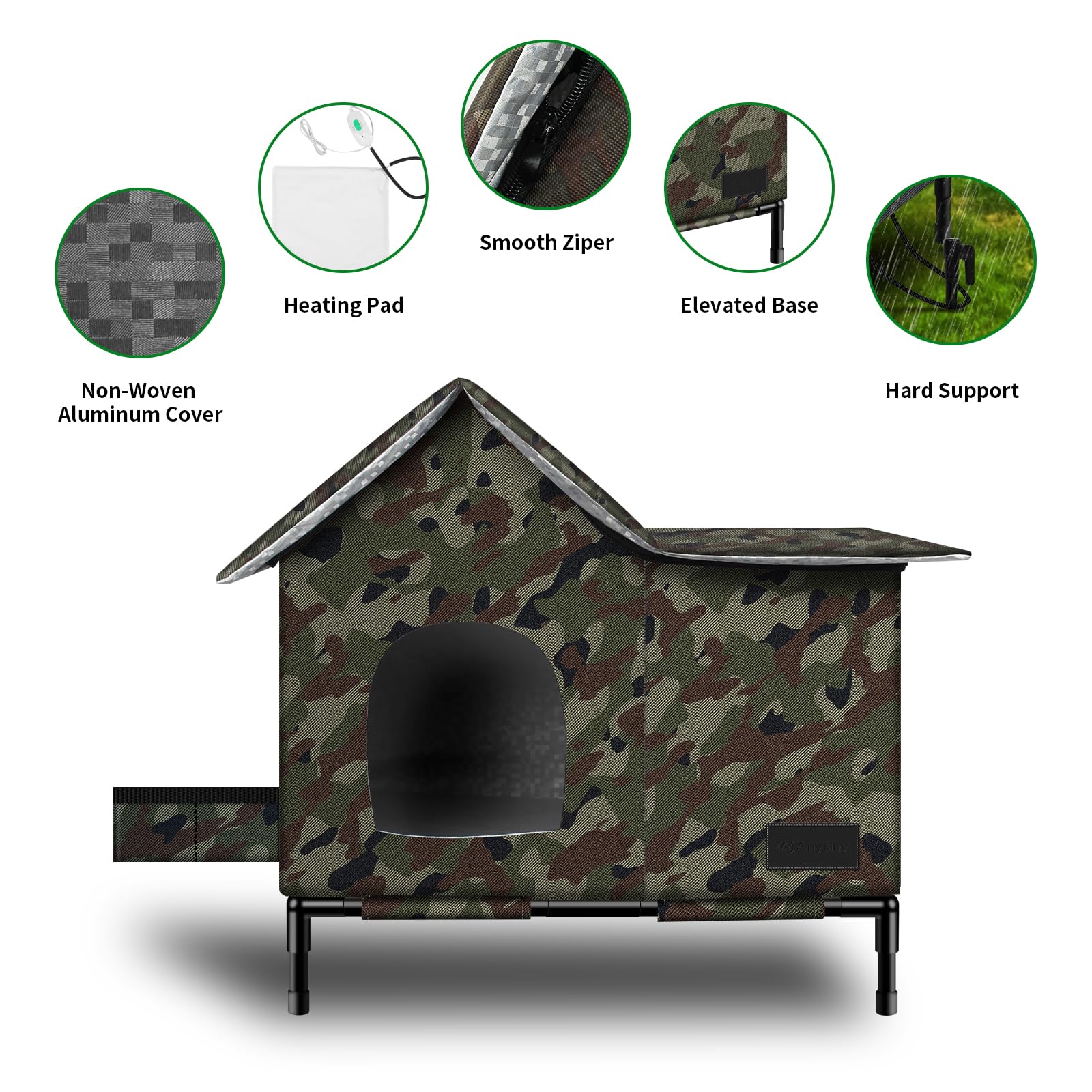 Anysiny heated cat house elevated base keeps paws dry and debris-free.