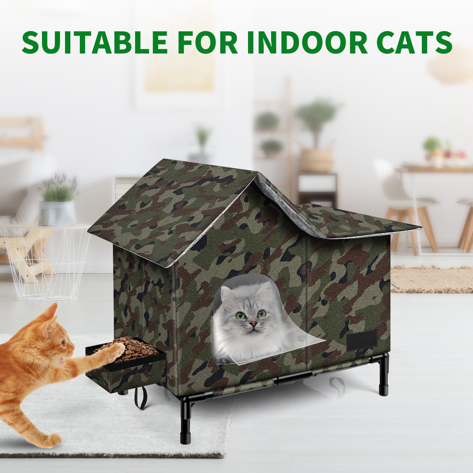 Anysiny cat house weatherproof fabric blocks rain and wind for dry shelter.