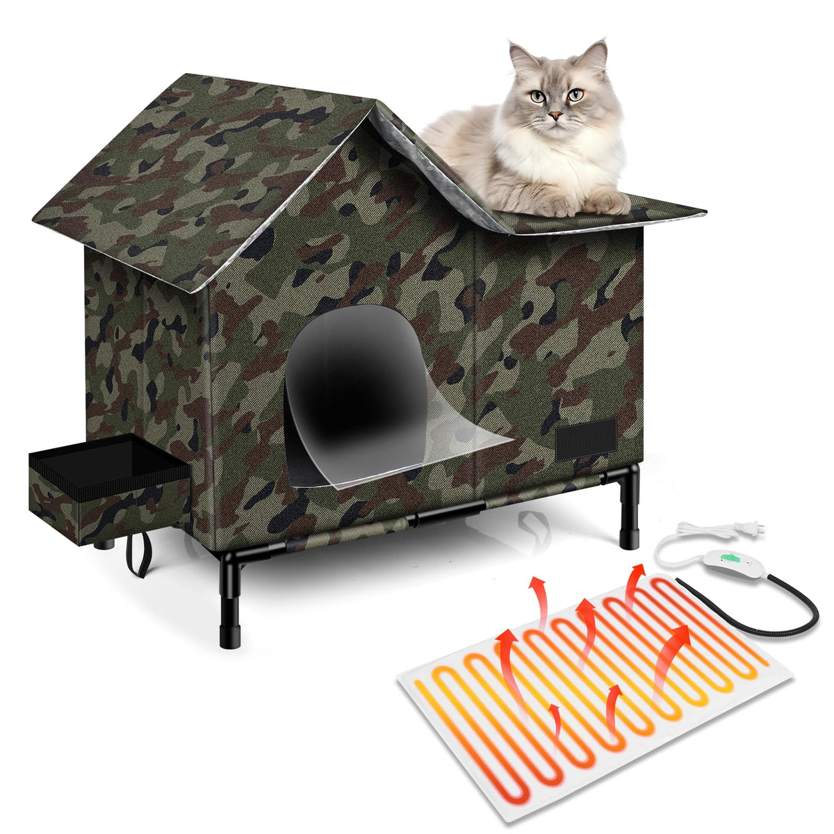 Anysiny heated cat house camo exterior keeps outdoor cats warm and sheltered.