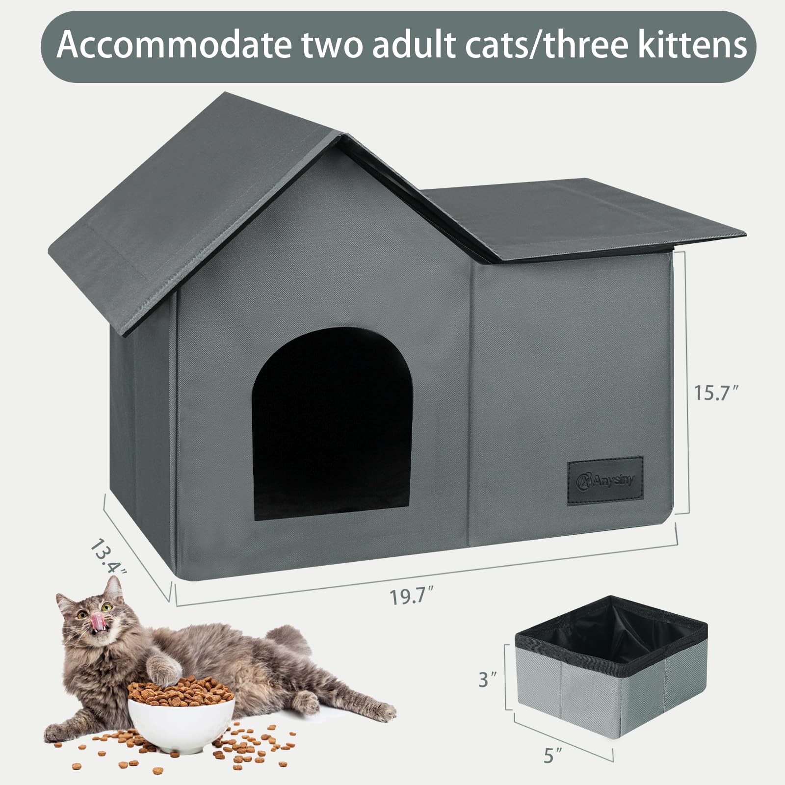Anysiny outdoor cat house gray large interior with removable mat for warmth