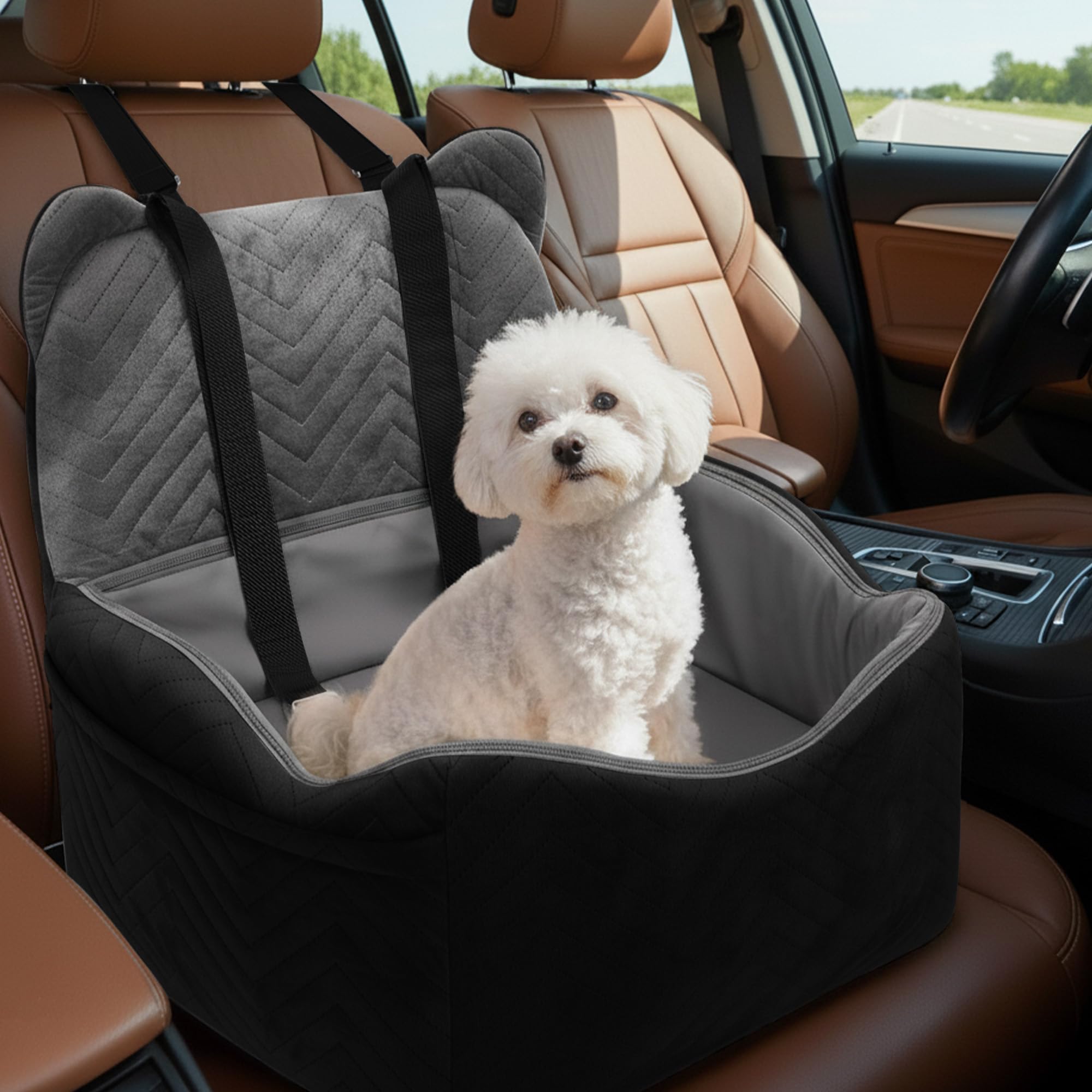 Anywish dog car seat side view showing secure restraint for safer travels