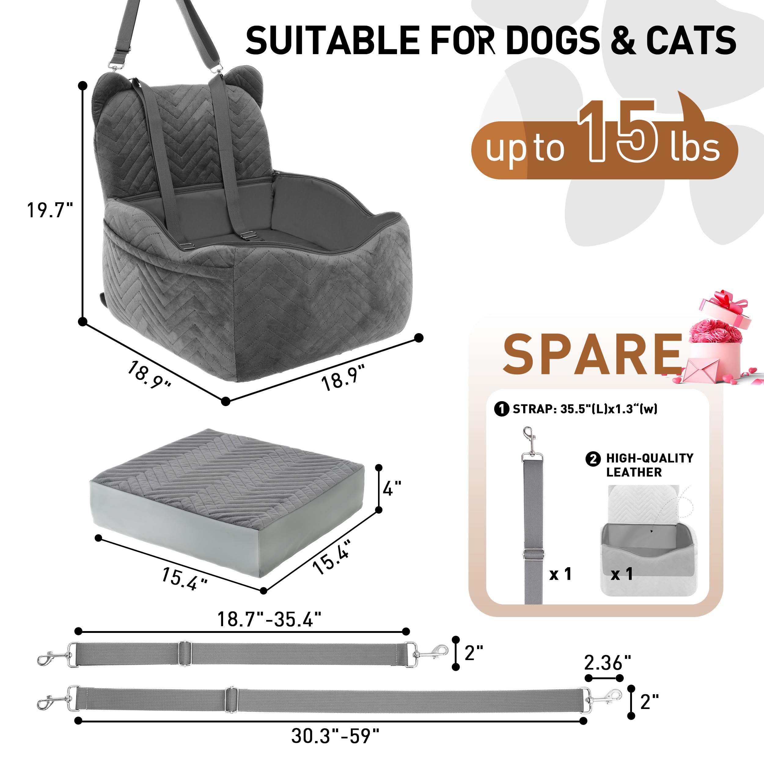 Anywish dog car seat two-safety-belts secure your harnessed dog.