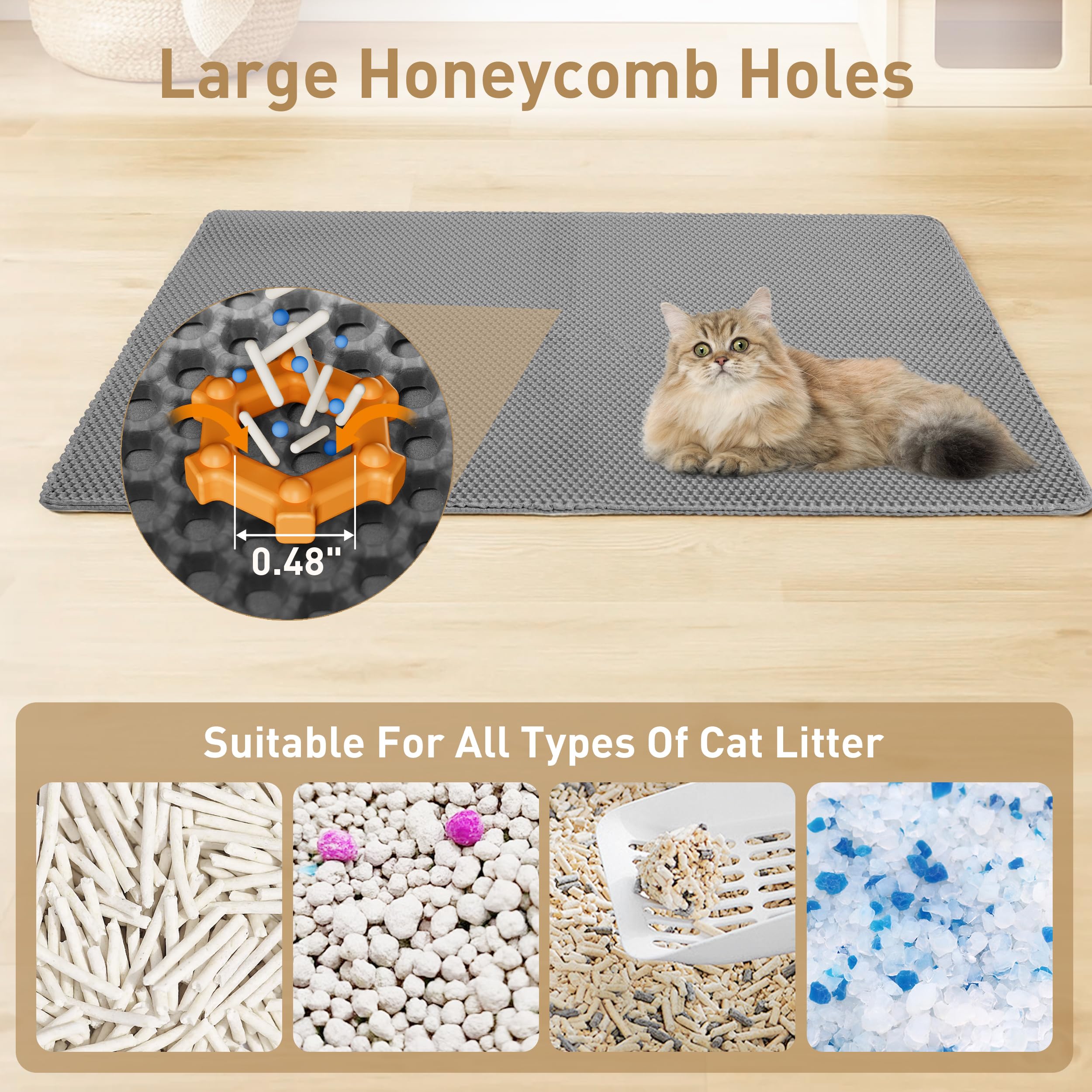 Anywish large cat litter mat EVA material offers soft, durable, kitty-safe surface.