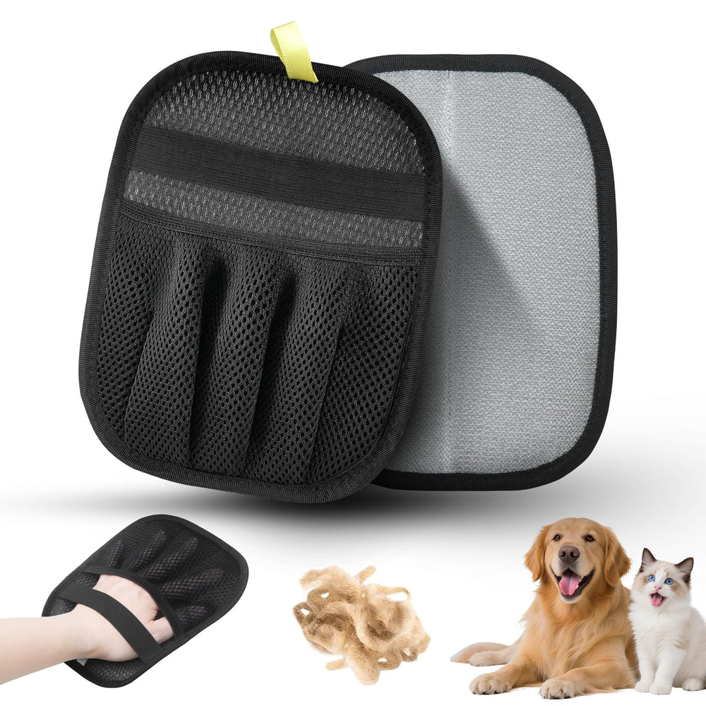 AOBIS upgraded pet hair removal gloves in action during pet grooming and fabric fur removal.