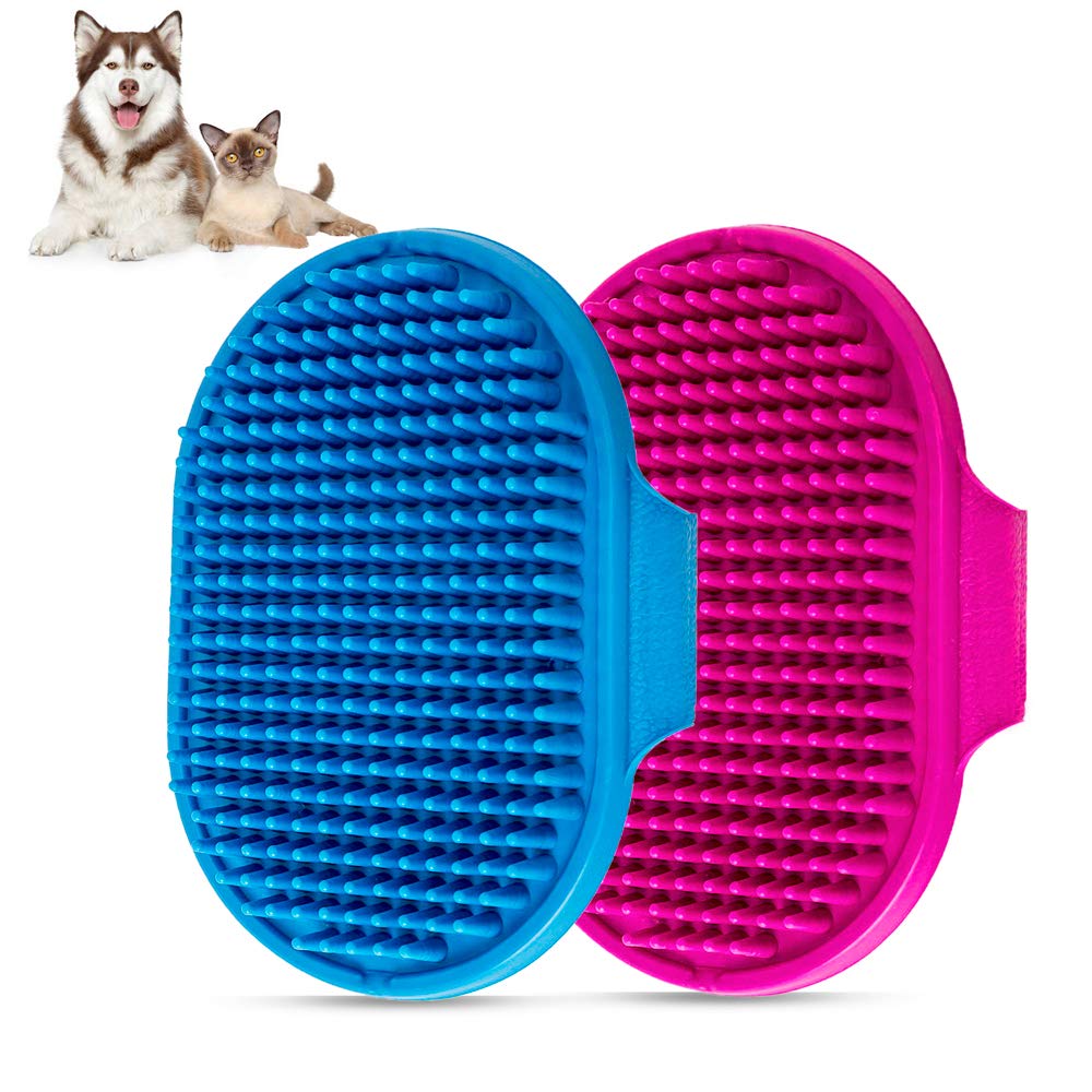 Aoche dog bath brush blue handle showing soothing massage during bath time for pets