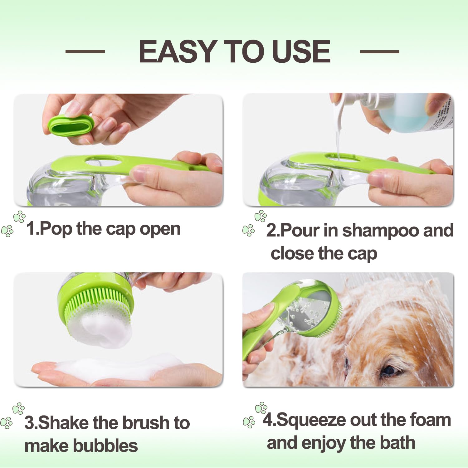 Aoche Pet Bath Brush highlighting its 3-in-1 clean, deshed, massage functions.