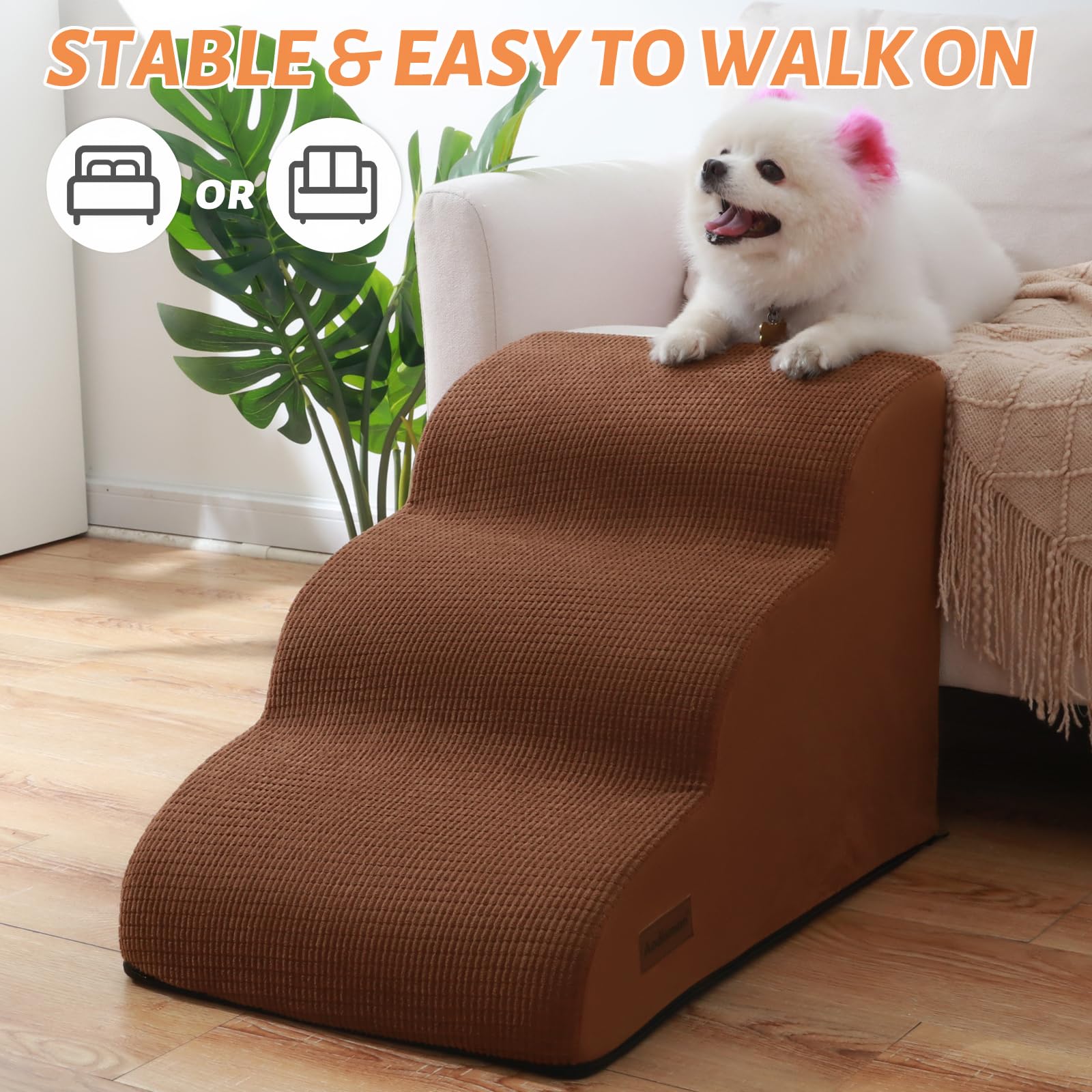 Aodisman 3-Step Dog Ramp brown front view highlights sturdy build and gentle slope for joints