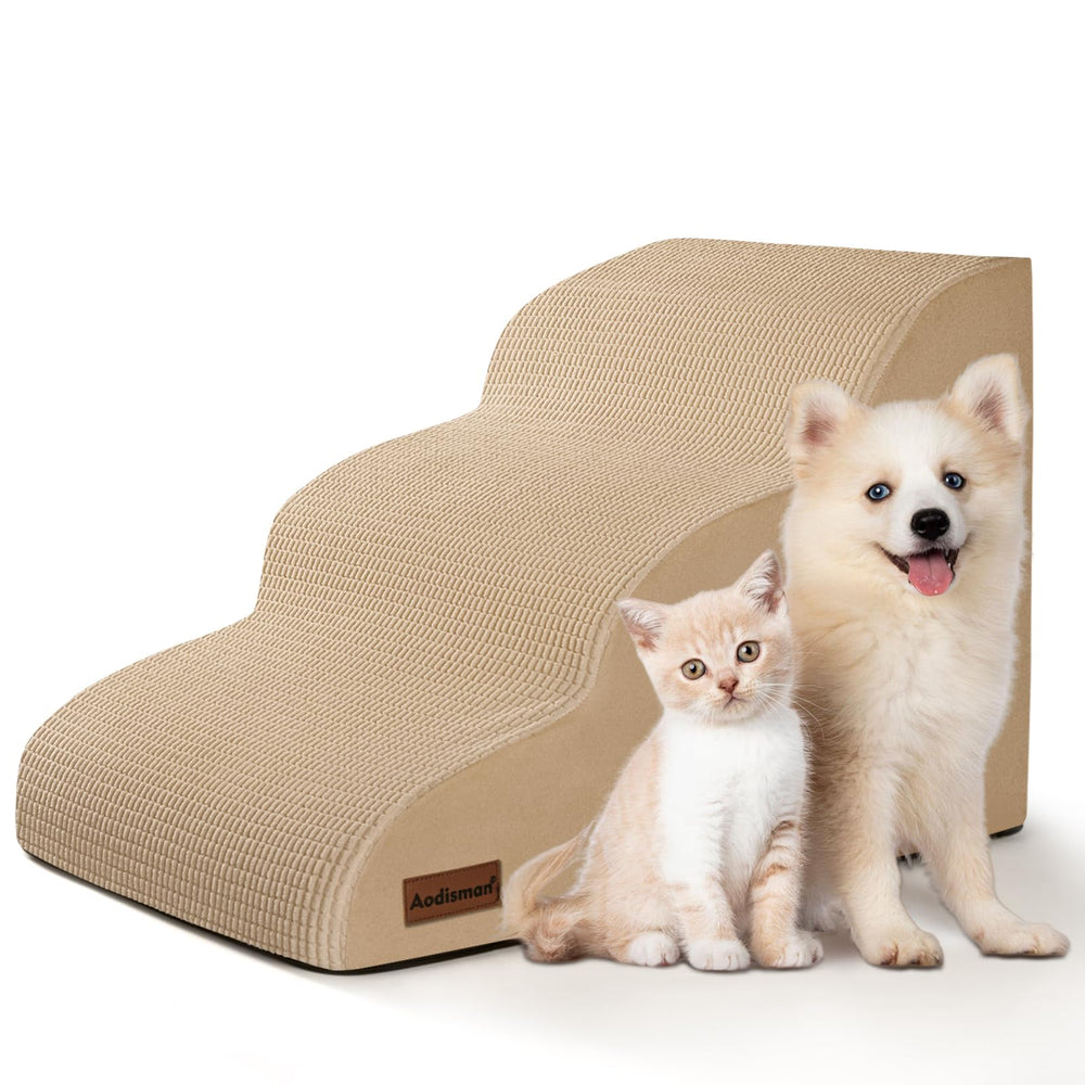 Aodisman 3-step dog ramp front view in khaki for easy floor-to-couch access