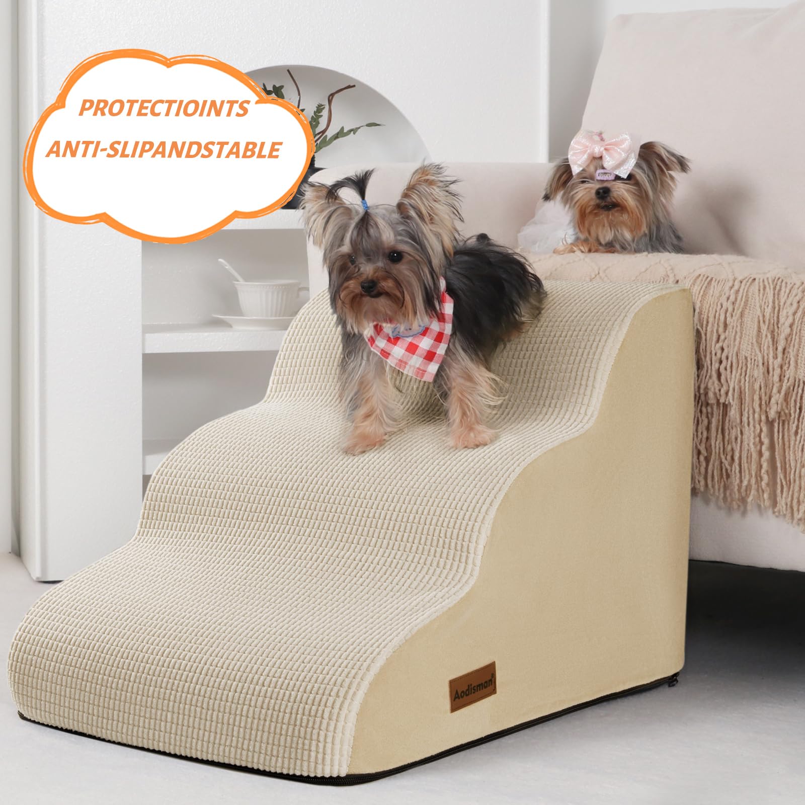 Aodisman beige 3-step ramp close-up shows non-slip bottom for secure footing.