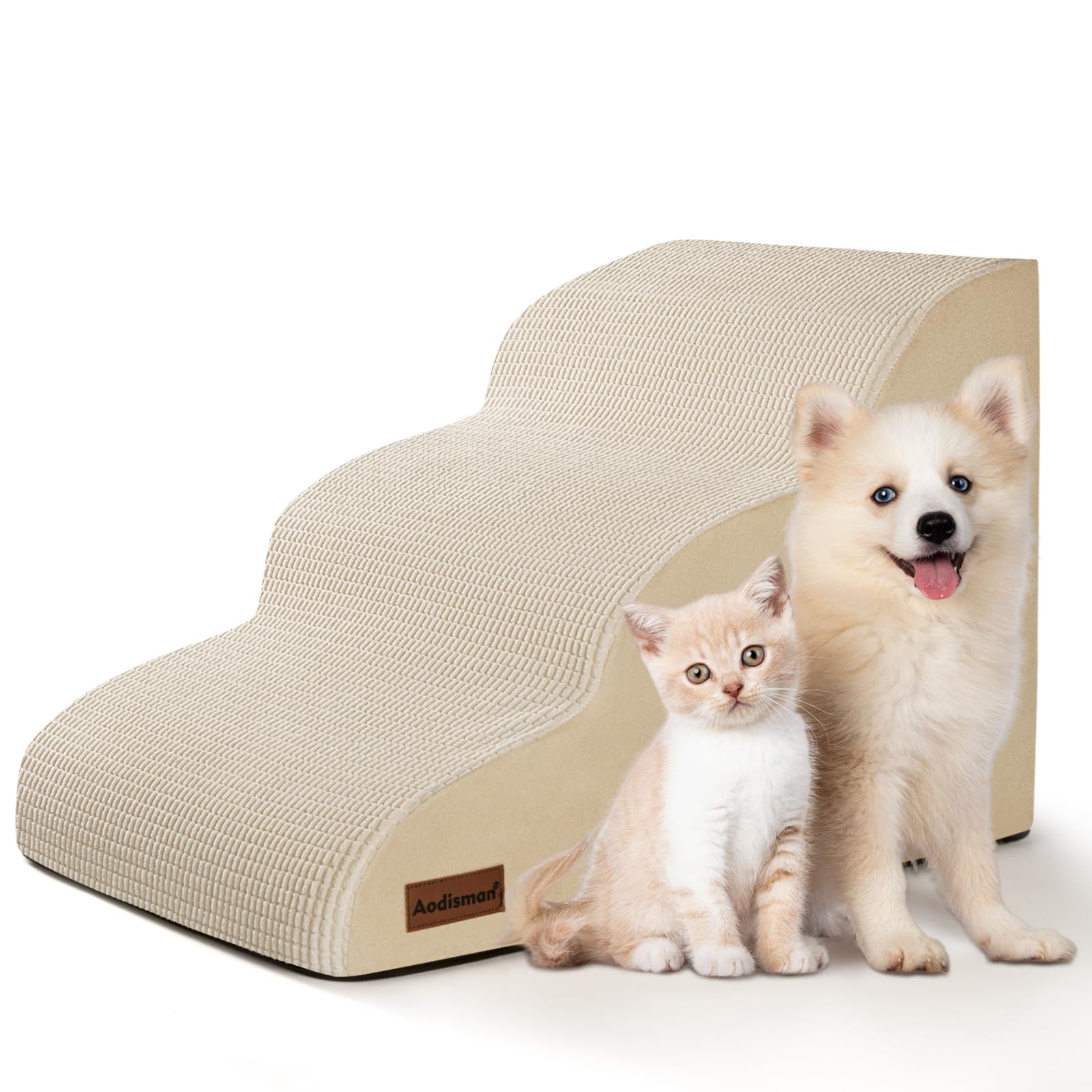 Aodisman 3-step dog ramp side view in beige, easing sofa access for small dogs.