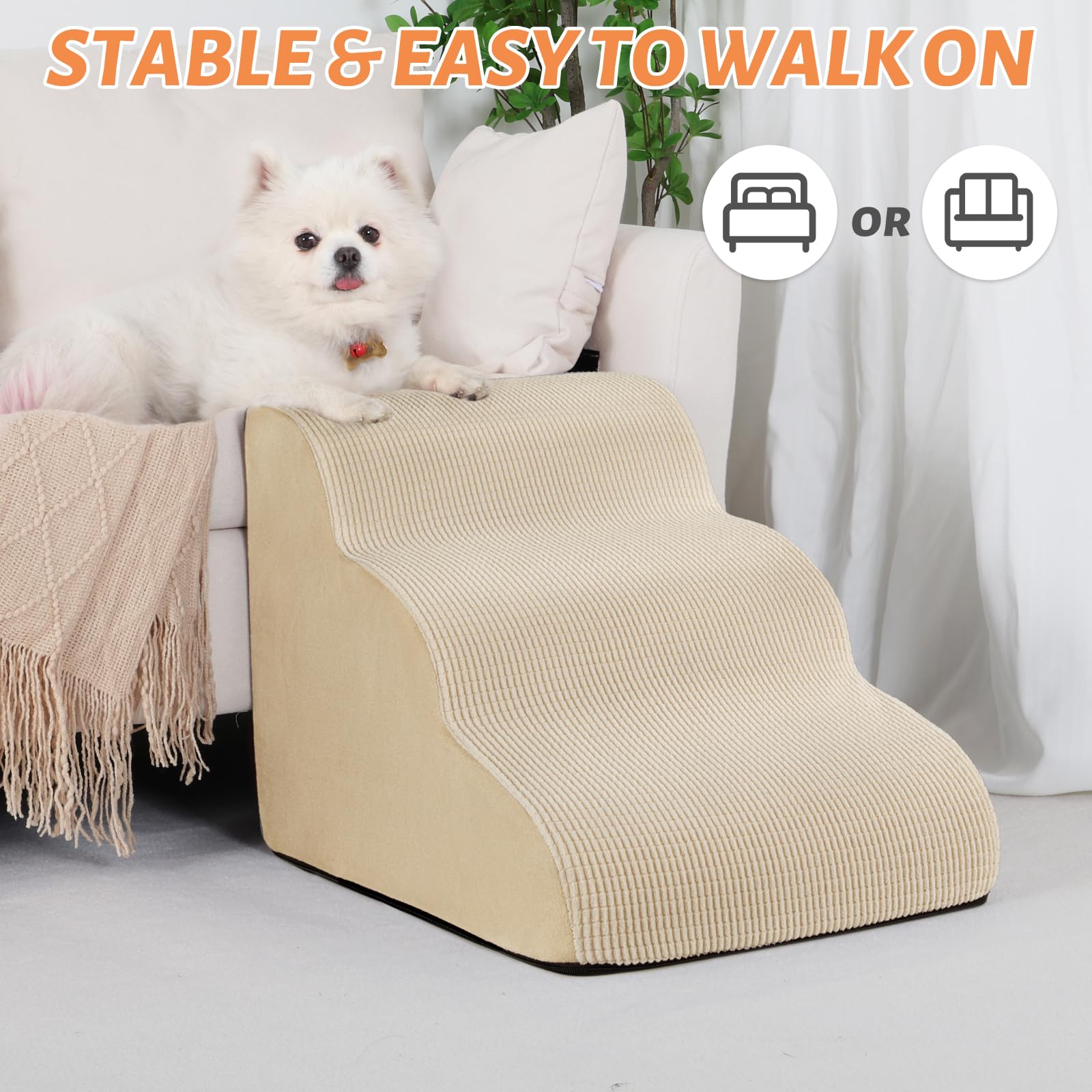 Aodisman beige 3-step ramp wide steps for pets with easier footing on couches.