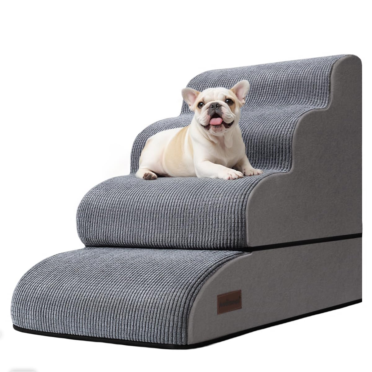 Aodisman 4-step dog stairs placed at the bed edge for easy pet access.