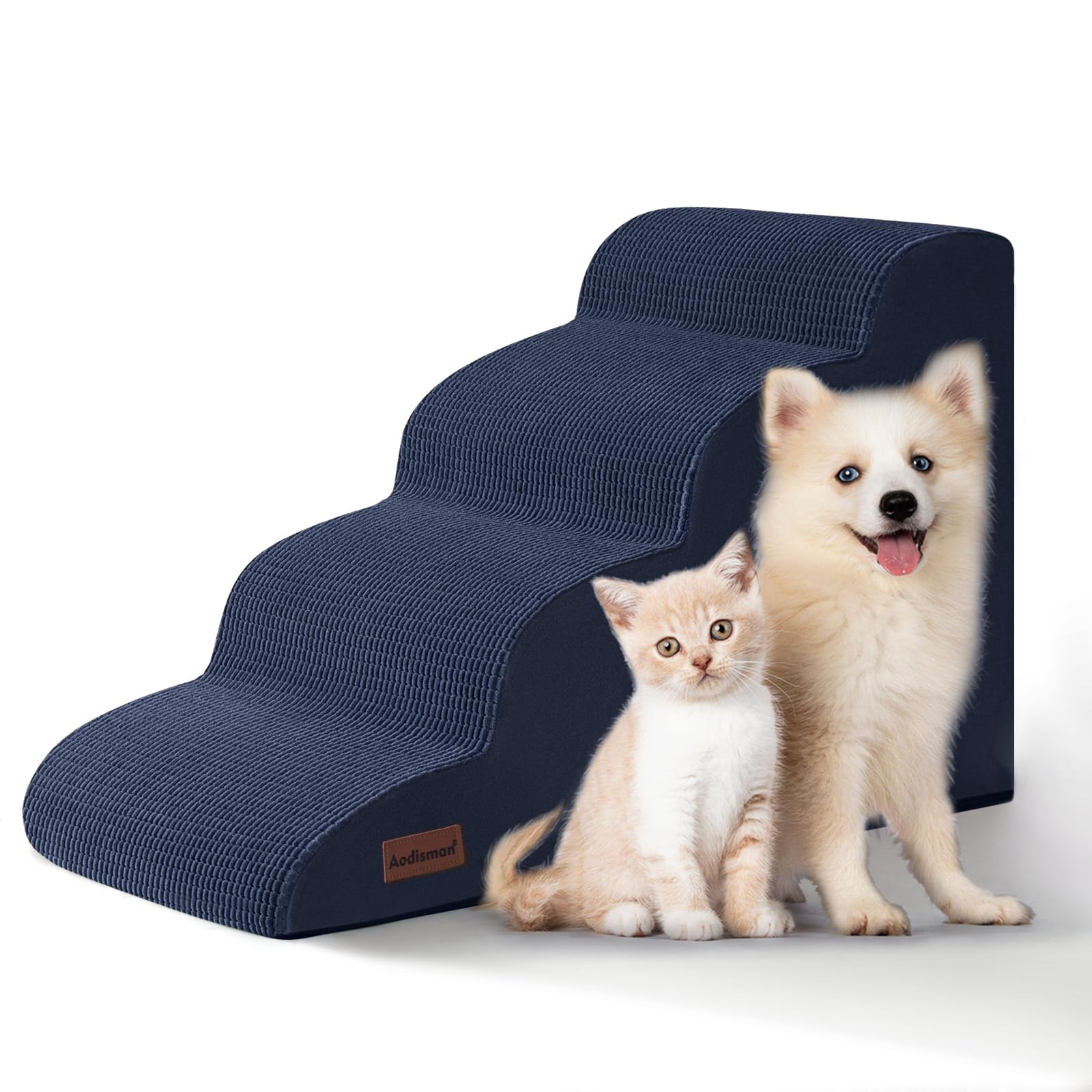 Aodisman 4-Step Dog Stairs on bed edge for easy access to resting spots
