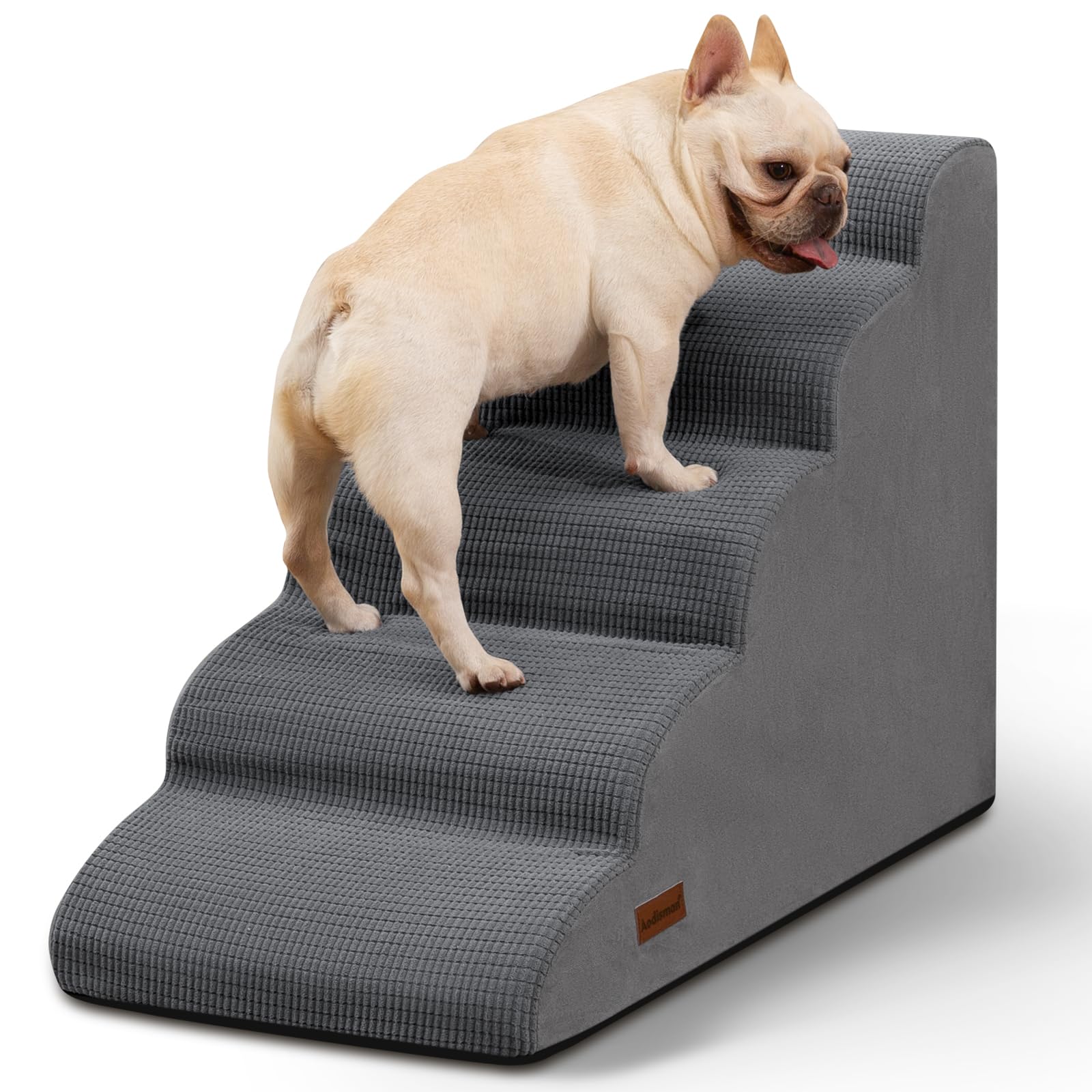 Aodisman 5-step dog stairs on bed edge provide easy, stable access for small dogs.