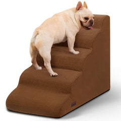 Aodisman 5-step dog stairs beside bed for easy bed access.