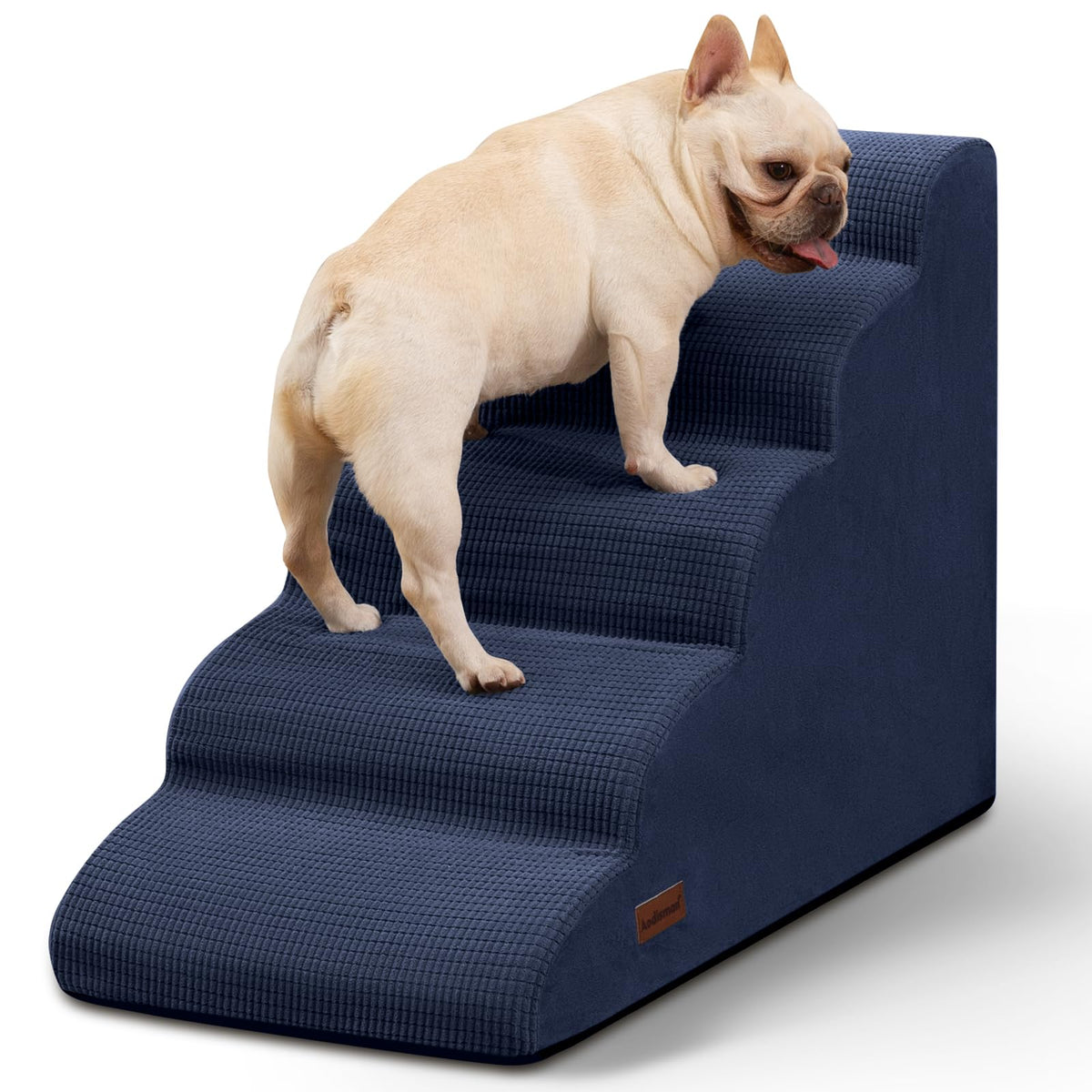 Aodisman 5-Step Dog Stairs blue assembly shows easy setup for pets reaching beds.