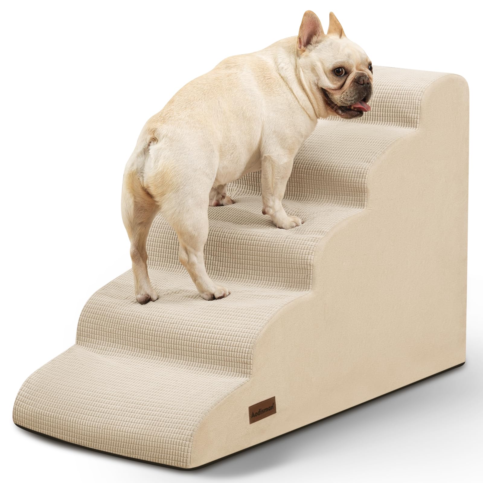 Aodisman 5-step dog stairs beside beige bed edge enabling easier bed access for small pets