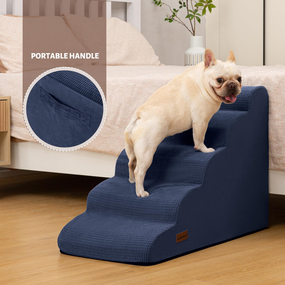 Aodisman blue bed edge dog stairs enables effortless bed access for pets.