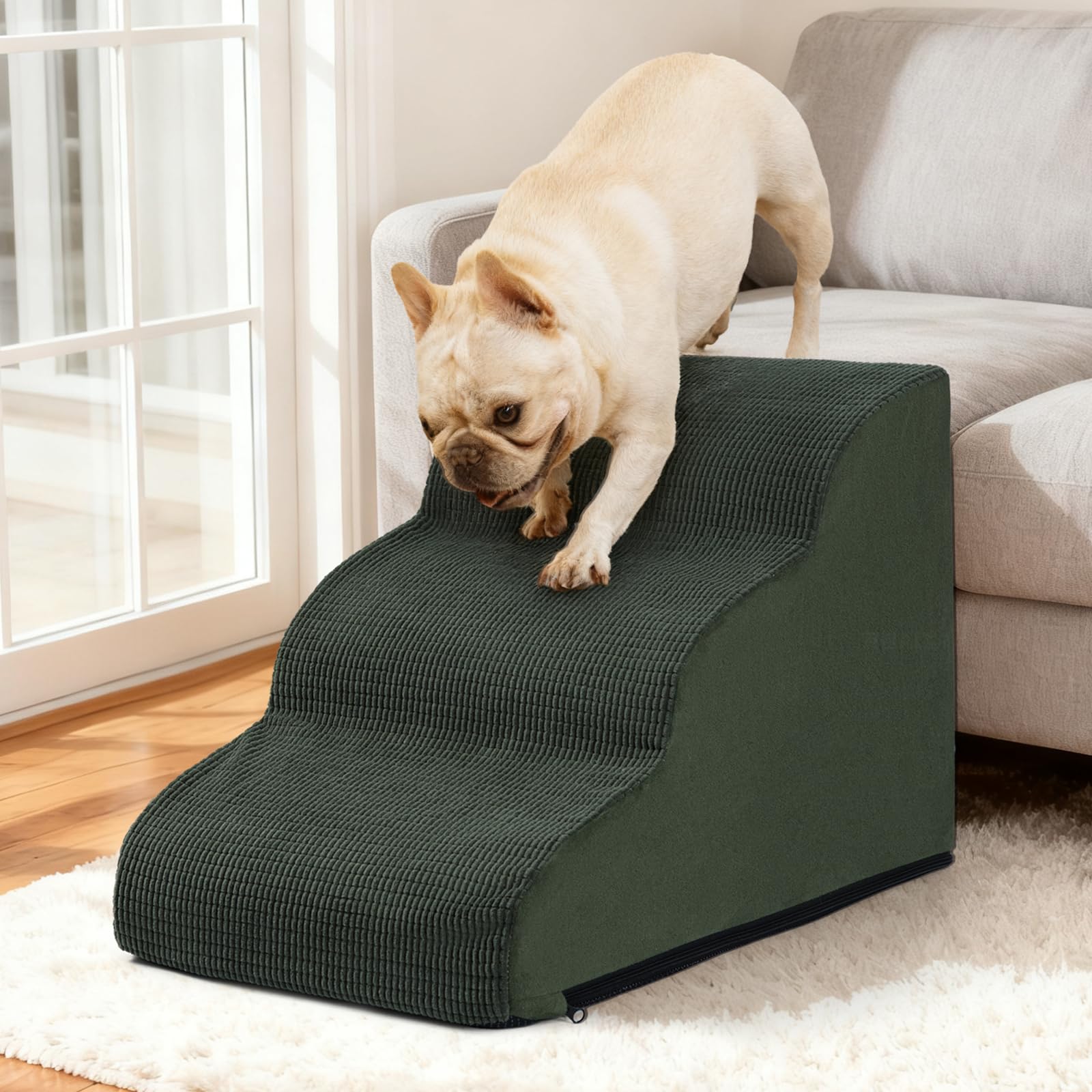 Aodisman green dog ramp beside sofa illustrates height compatibility.