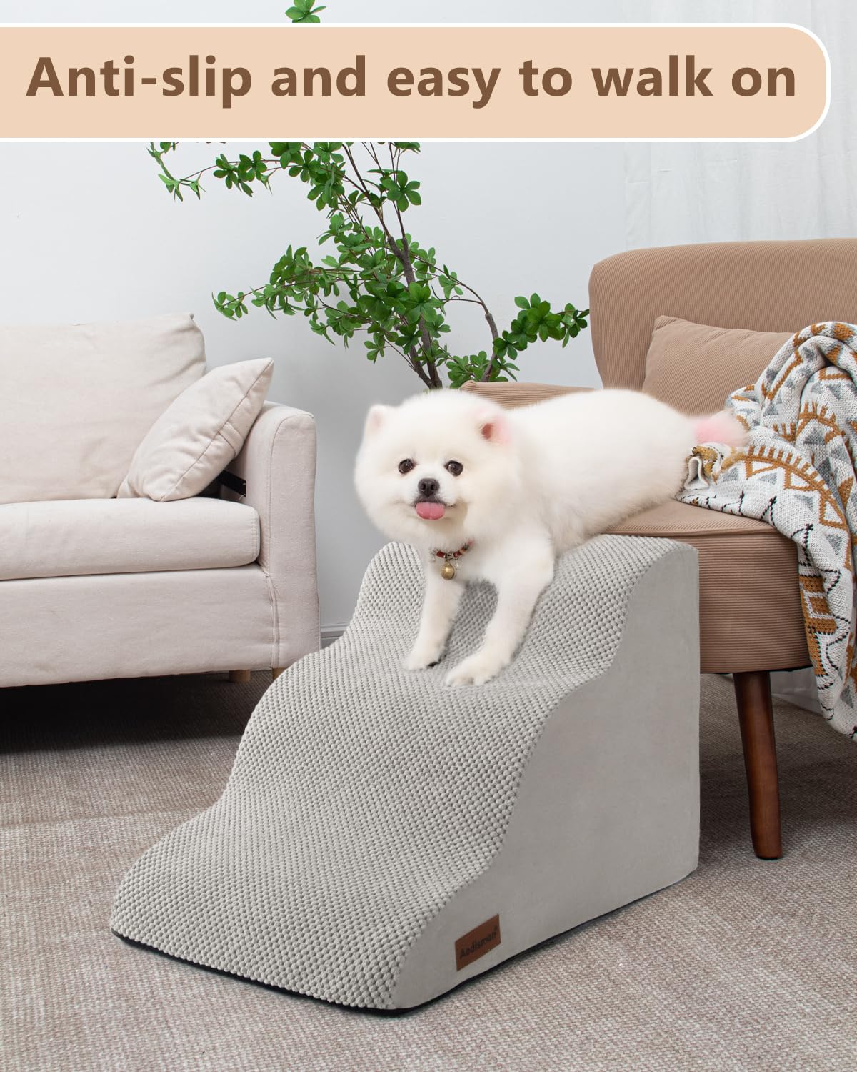 Aodisman 3-step dog stairs front angle showing sturdy foam and gentle incline.