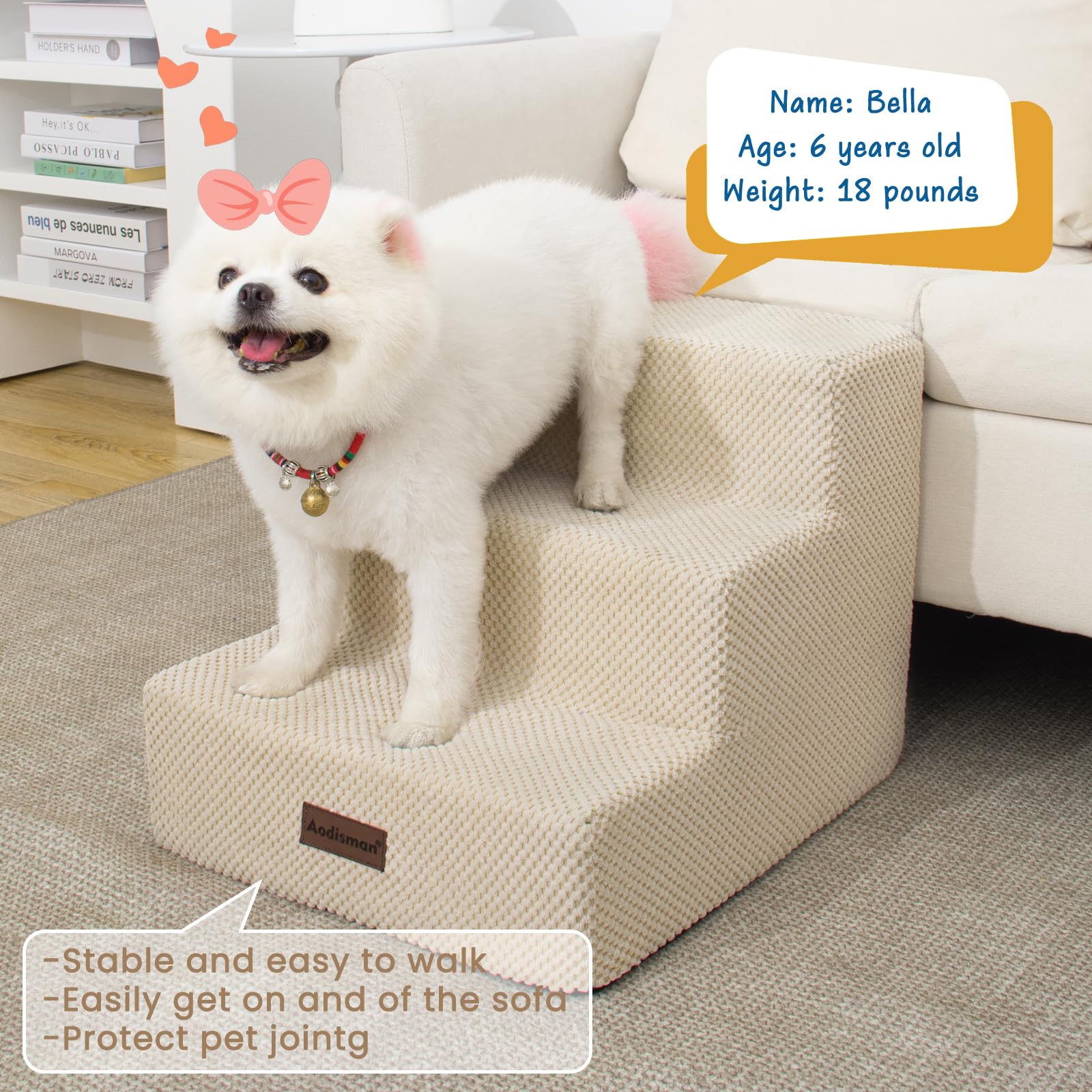 aodisman dog stairs 3-step assists small puppy climbing onto sofa with calm confidence