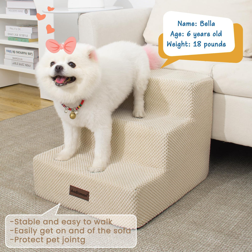 aodisman dog stairs 3-step assists small puppy climbing onto sofa with calm confidence