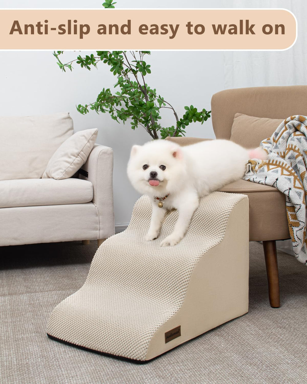 Aodisman dog stairs 3-step side view showing compact height and non-slip fabric