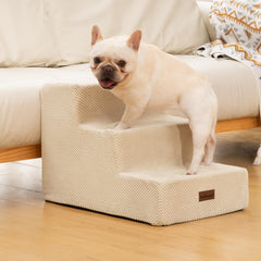 Aodisman dog stairs 3-step front view beige promotes easy loading onto sofas