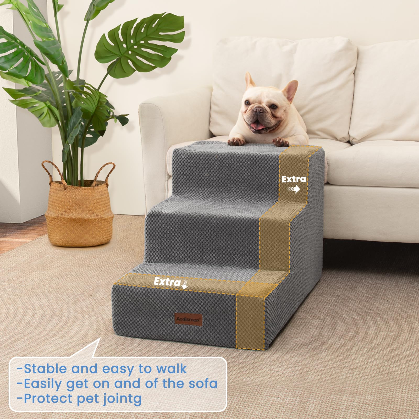Aodisman dog stairs 4-step grey sofa view highlights extra height for taller jumps