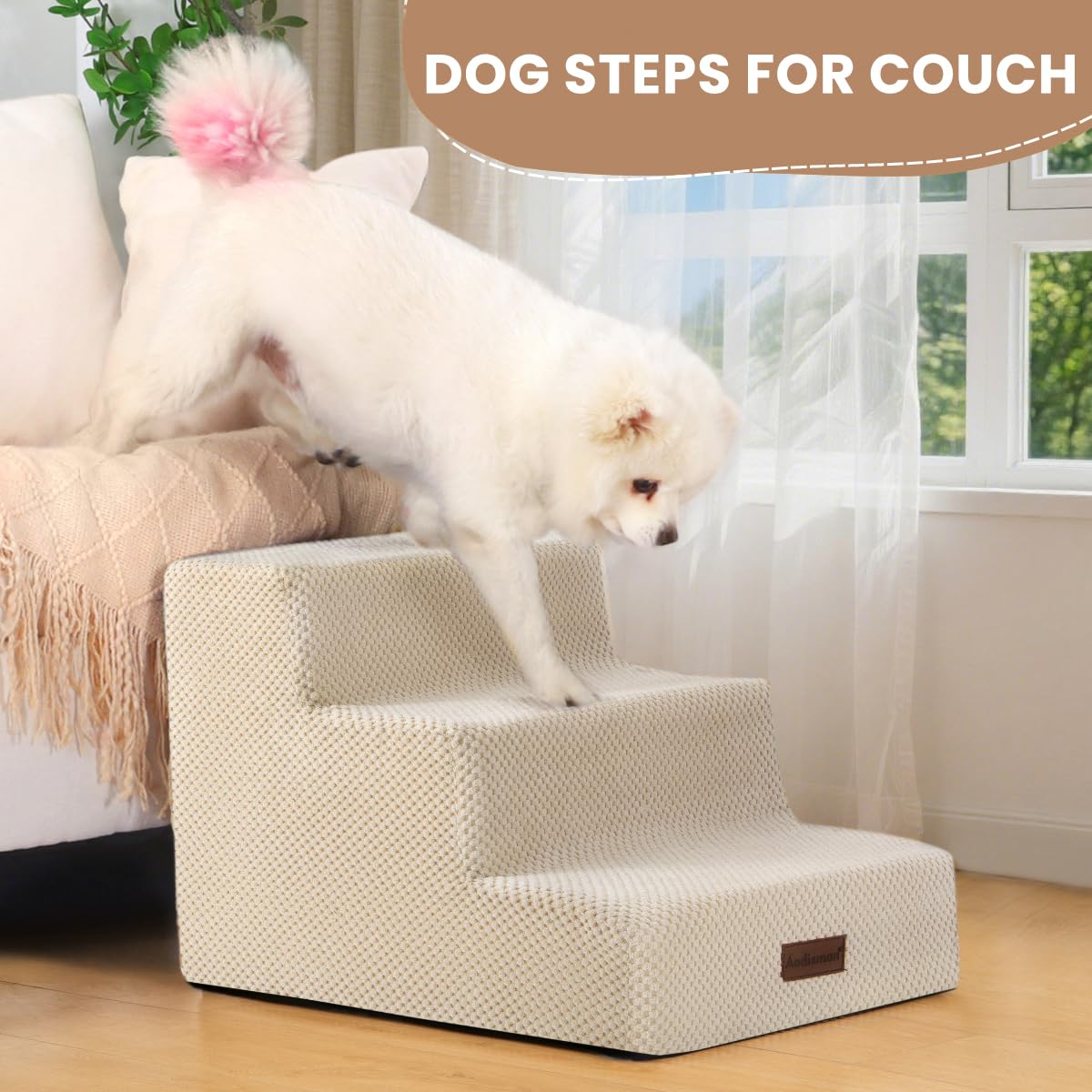 aodisman dog stairs 4-step depicted beside sofa for higher elevations