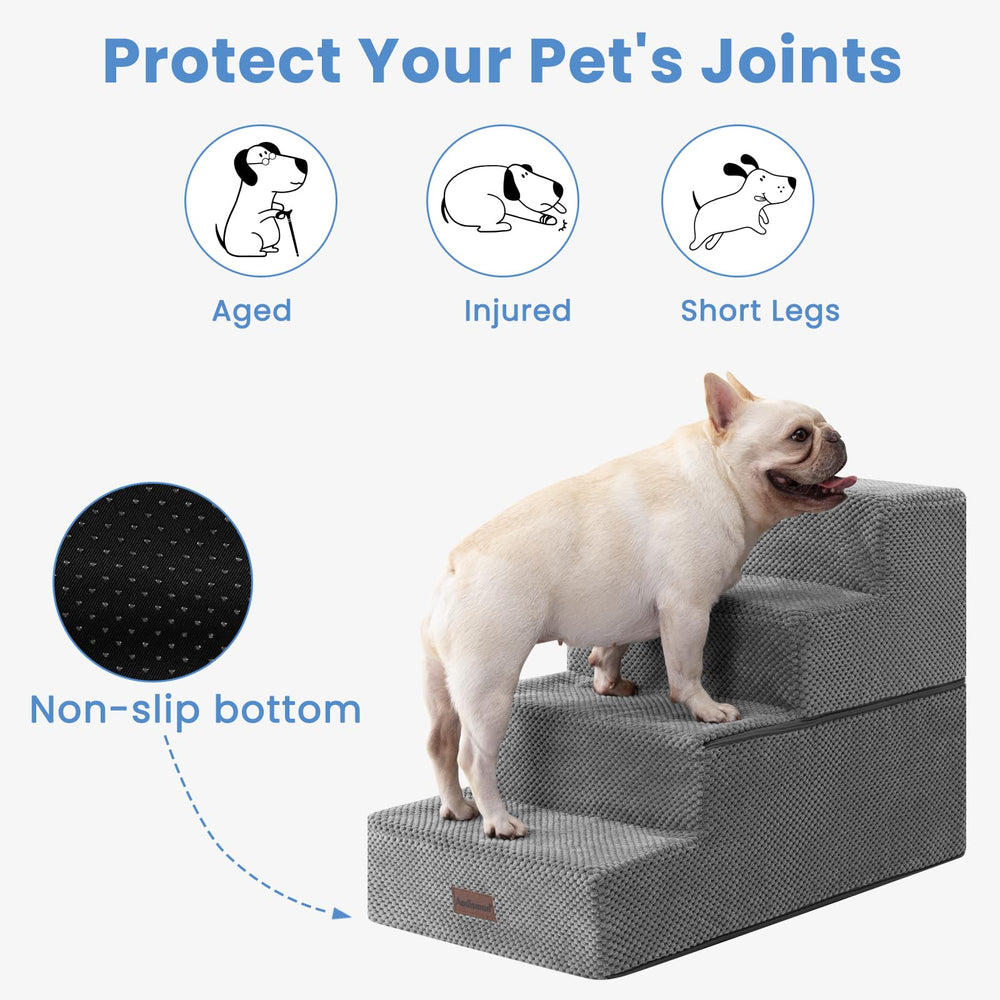 Aodisman dog stairs 4-step side-view gray demonstrates sturdy indoor pet steps