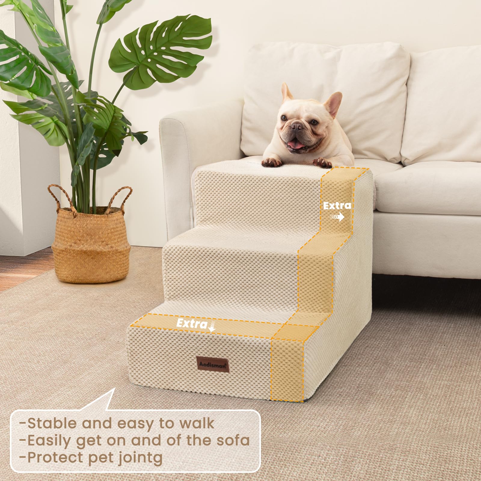 Aodisman dog stairs 4-step height 18-5-in beige helps taller furniture access