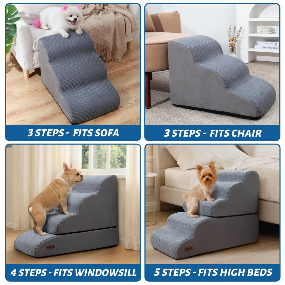 aodisman dog stairs 5-step in use on elevated bed for gentle ascent.