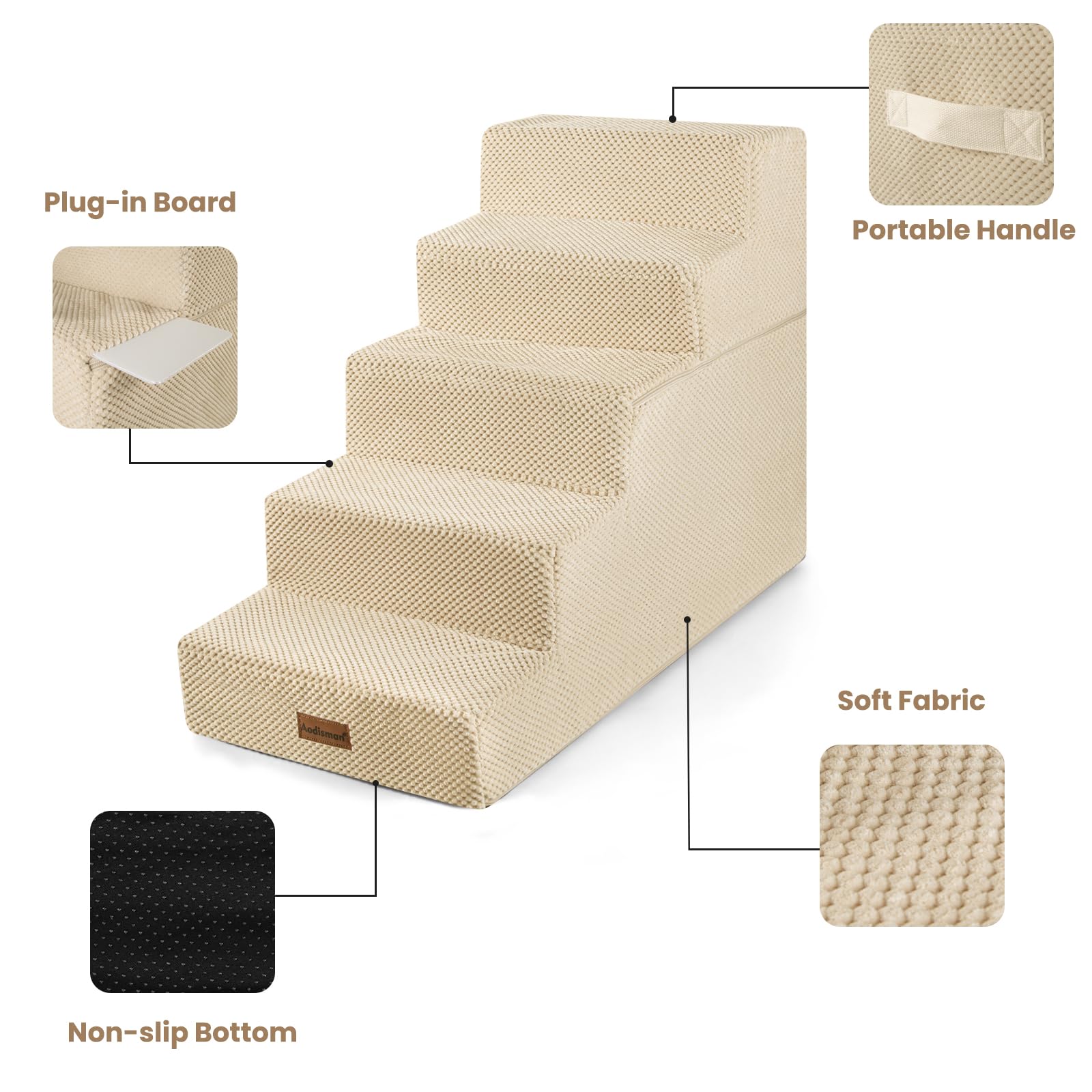 Aodisman dog stairs beige-color blends with home decor while aiding pet access.