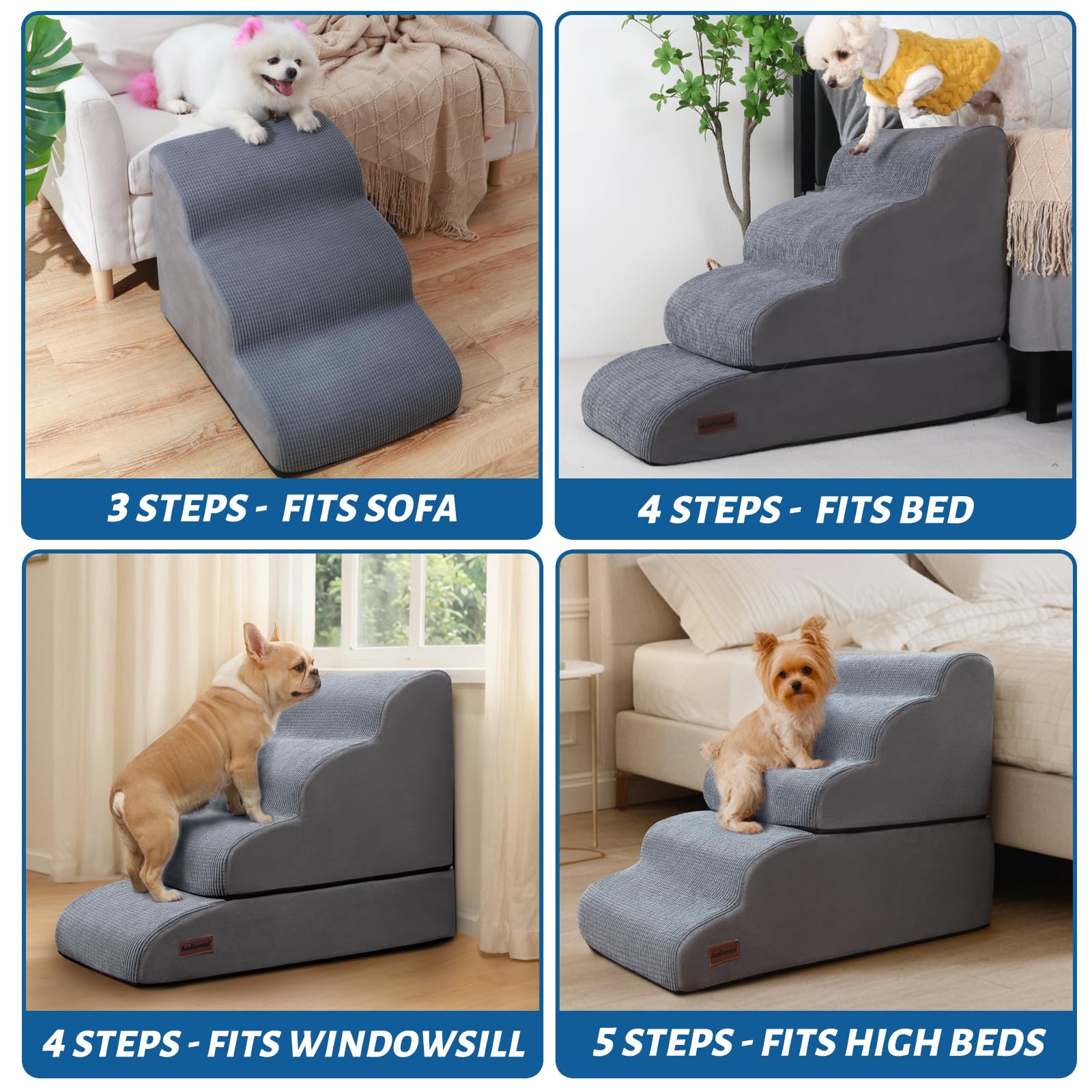 Aodisman dog stairs with wide steps and gentle slope reduce joint strain during climbs.