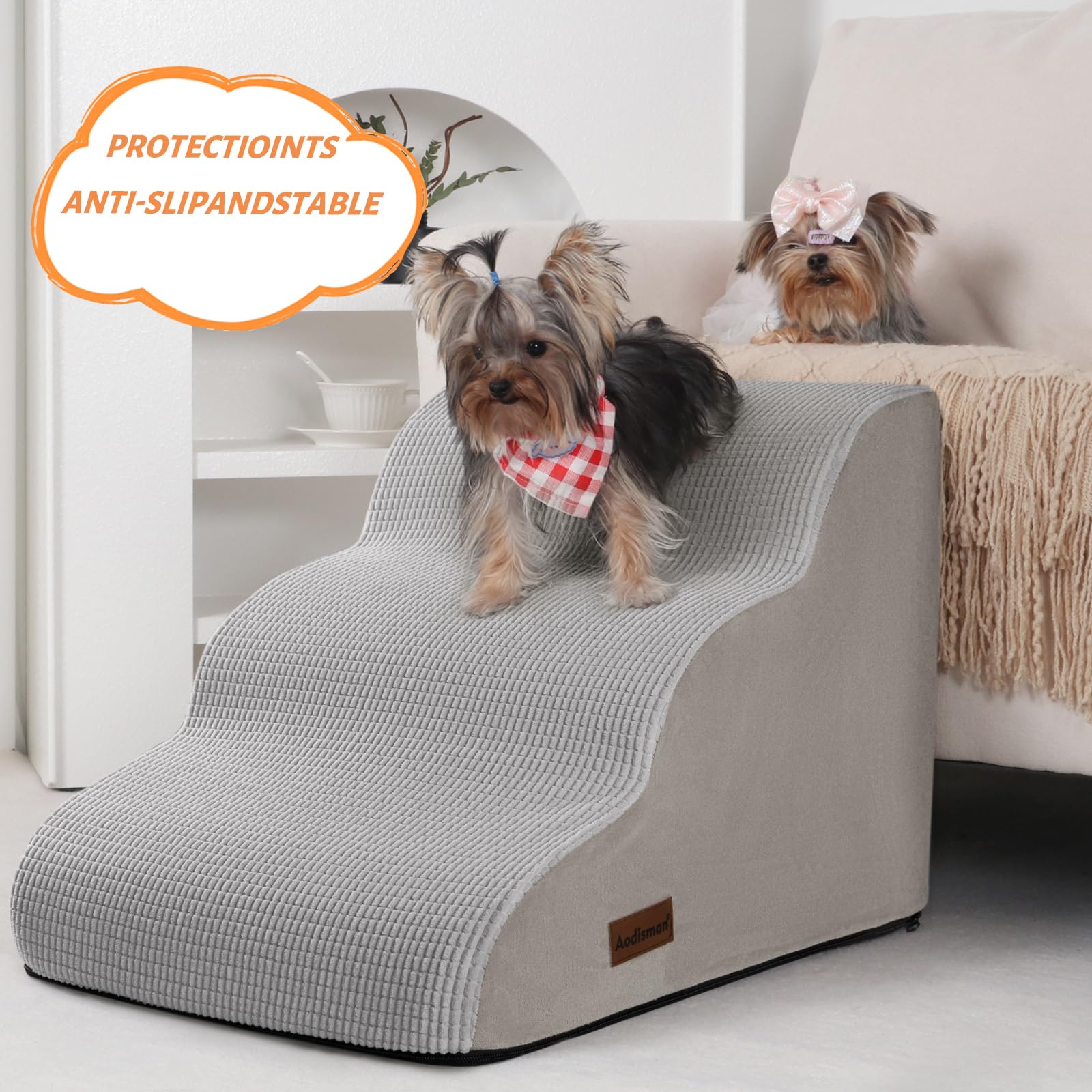 Aodisman dog stairs with wide steps supports small dogs climbing onto couch comfortably.