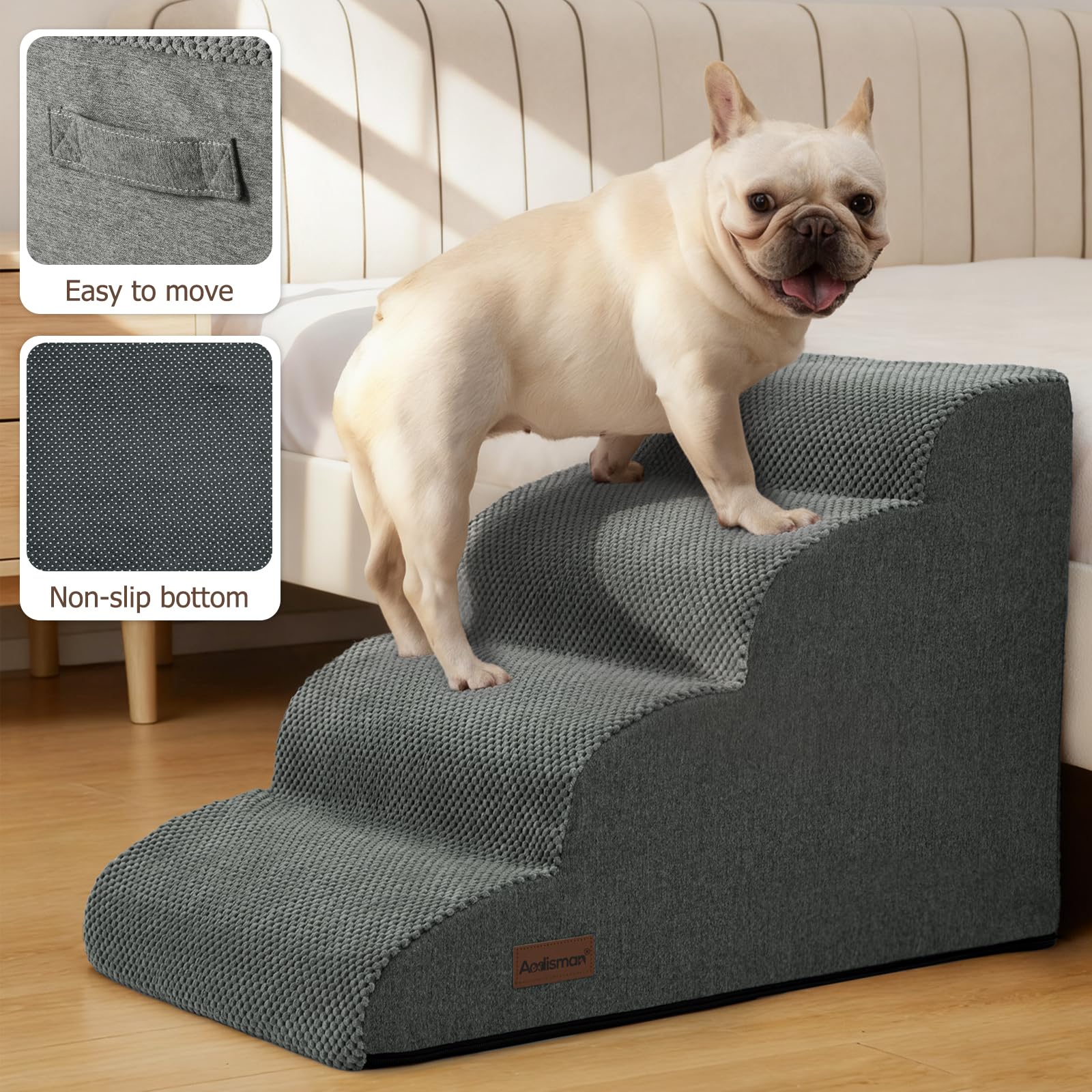 Aodisman dog steps grey in-use on couch demonstrates safe climbing.