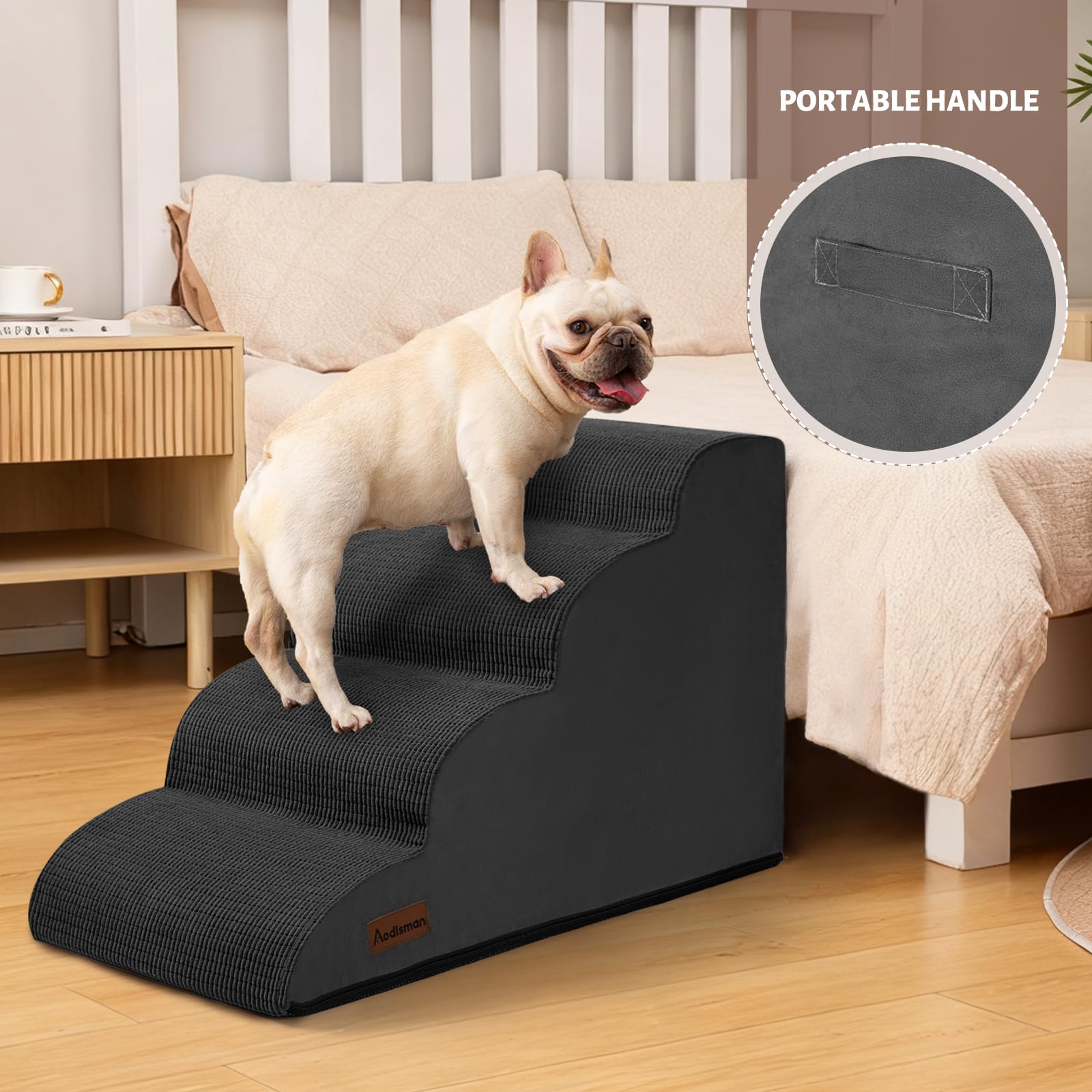 Aodisman dog steps pets-using demonstrates real-life climbing with small dogs on couch or bed.