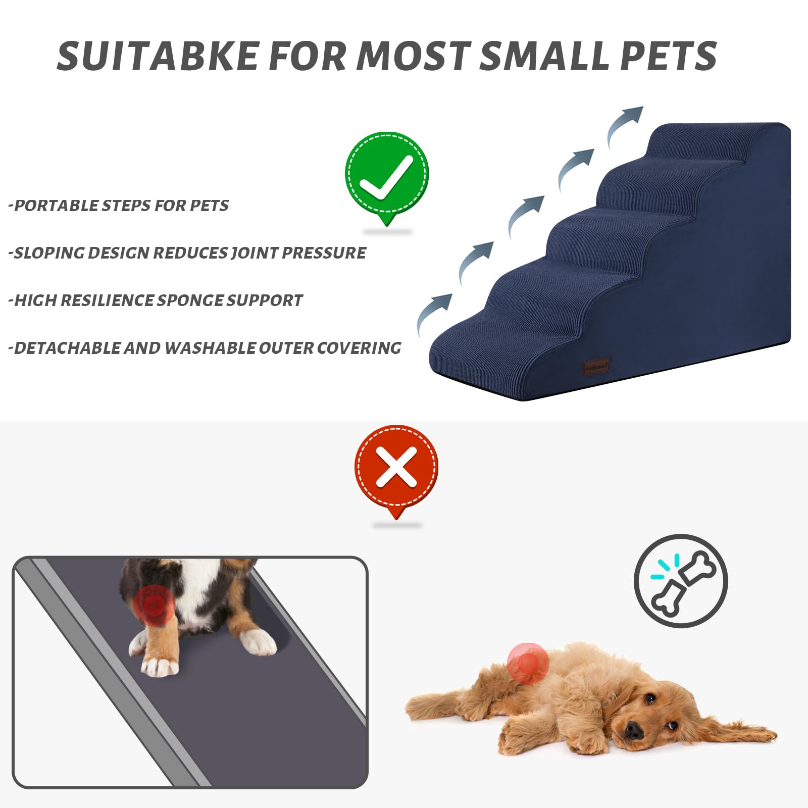 Aodisman blue dog stairs with high rebound foam offers comfortable support.