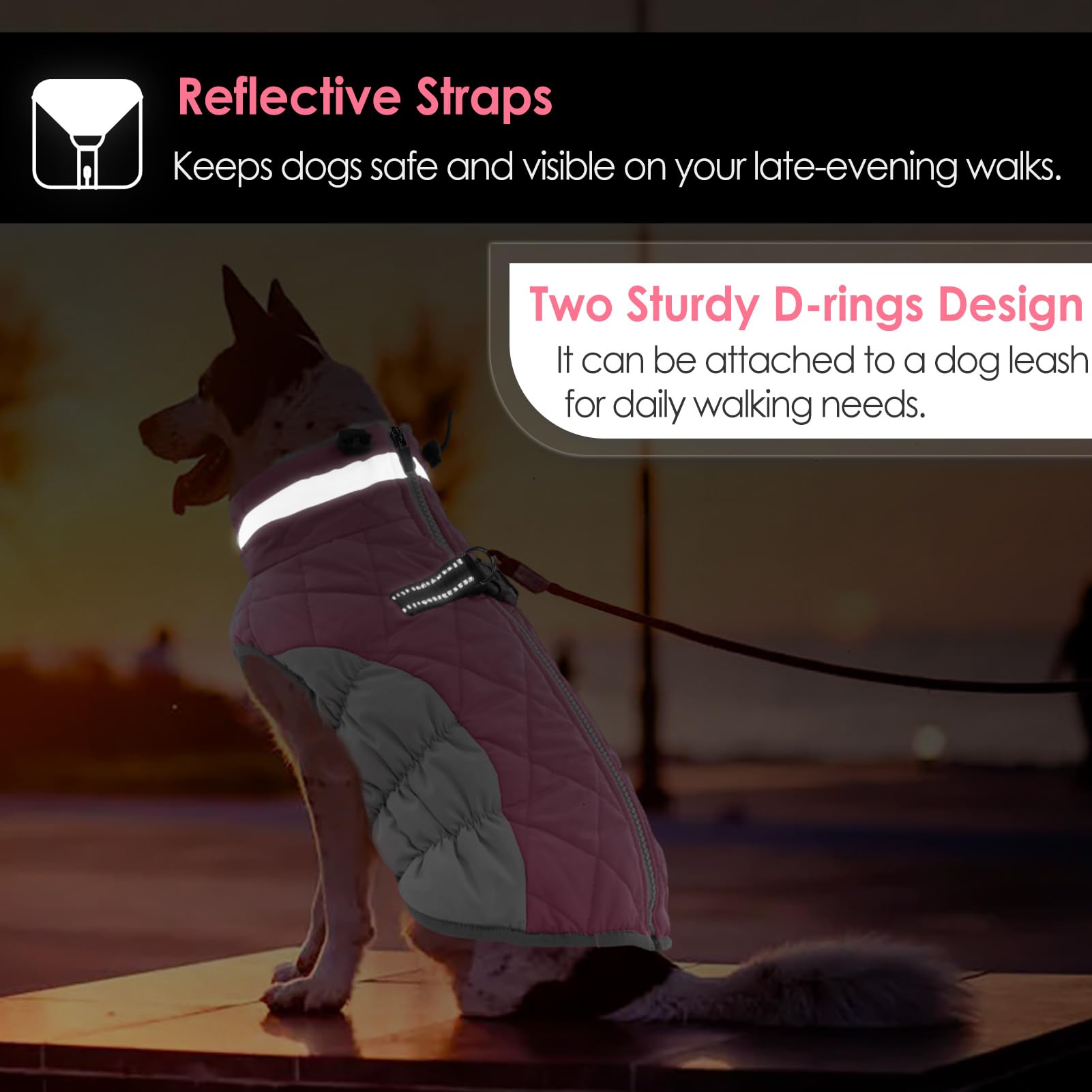 AOFITEE pink M coat features dual D-rings for secure leash attachment
