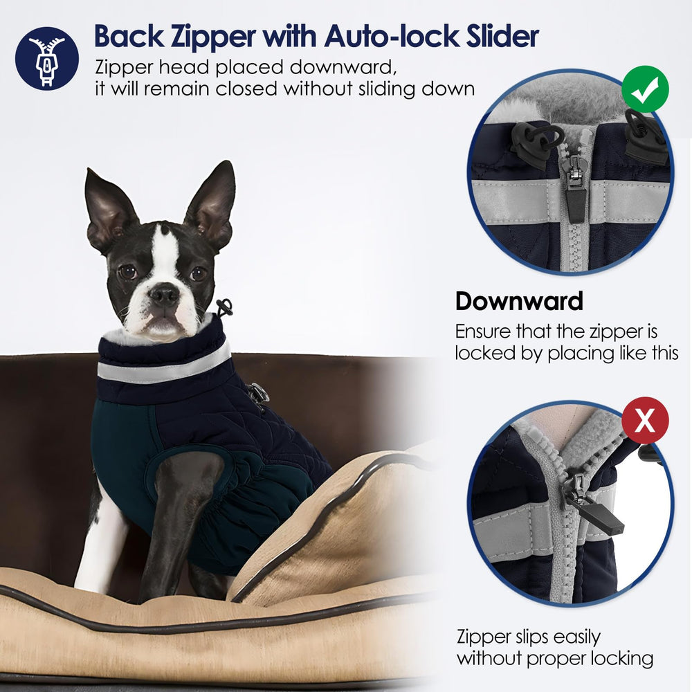 AOFITEE coat dual D-ring leash attachment for secure walks.