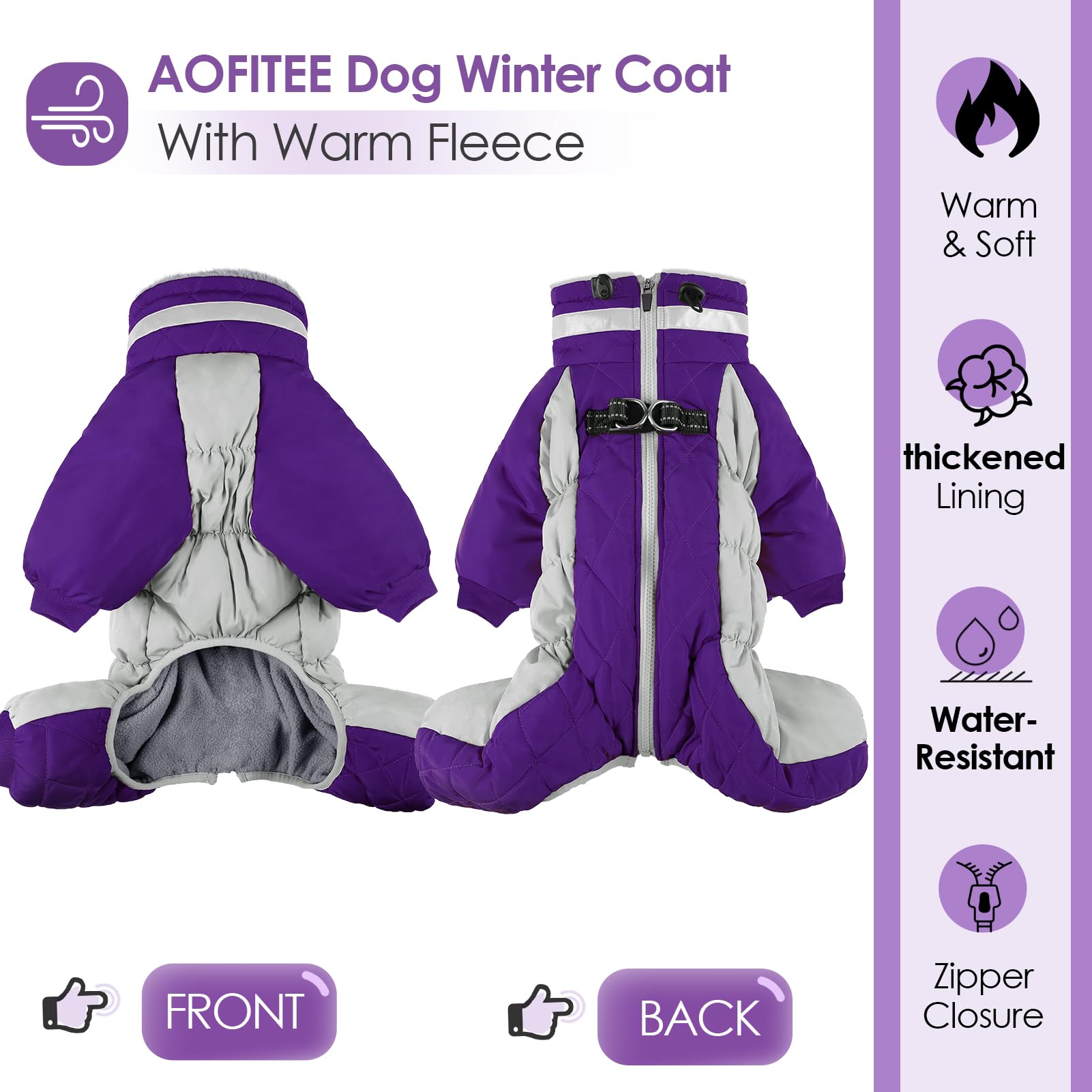 AOFITEE dog coat fleece lining close-up emphasizes cozy warmth and softness.