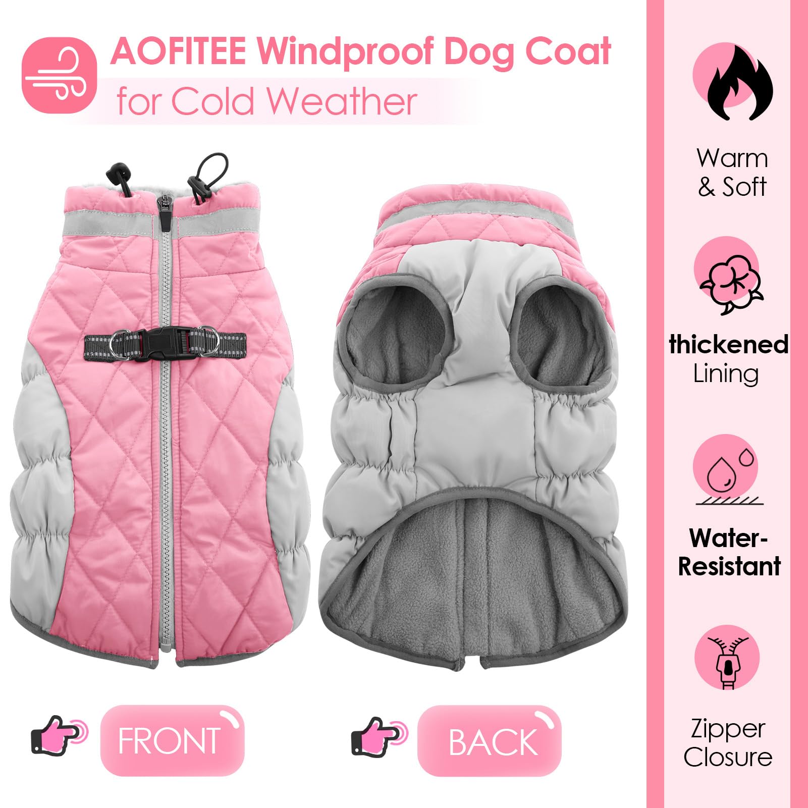 AOFITEE dog coat warm fleece lining close-up demonstrates cozy warmth