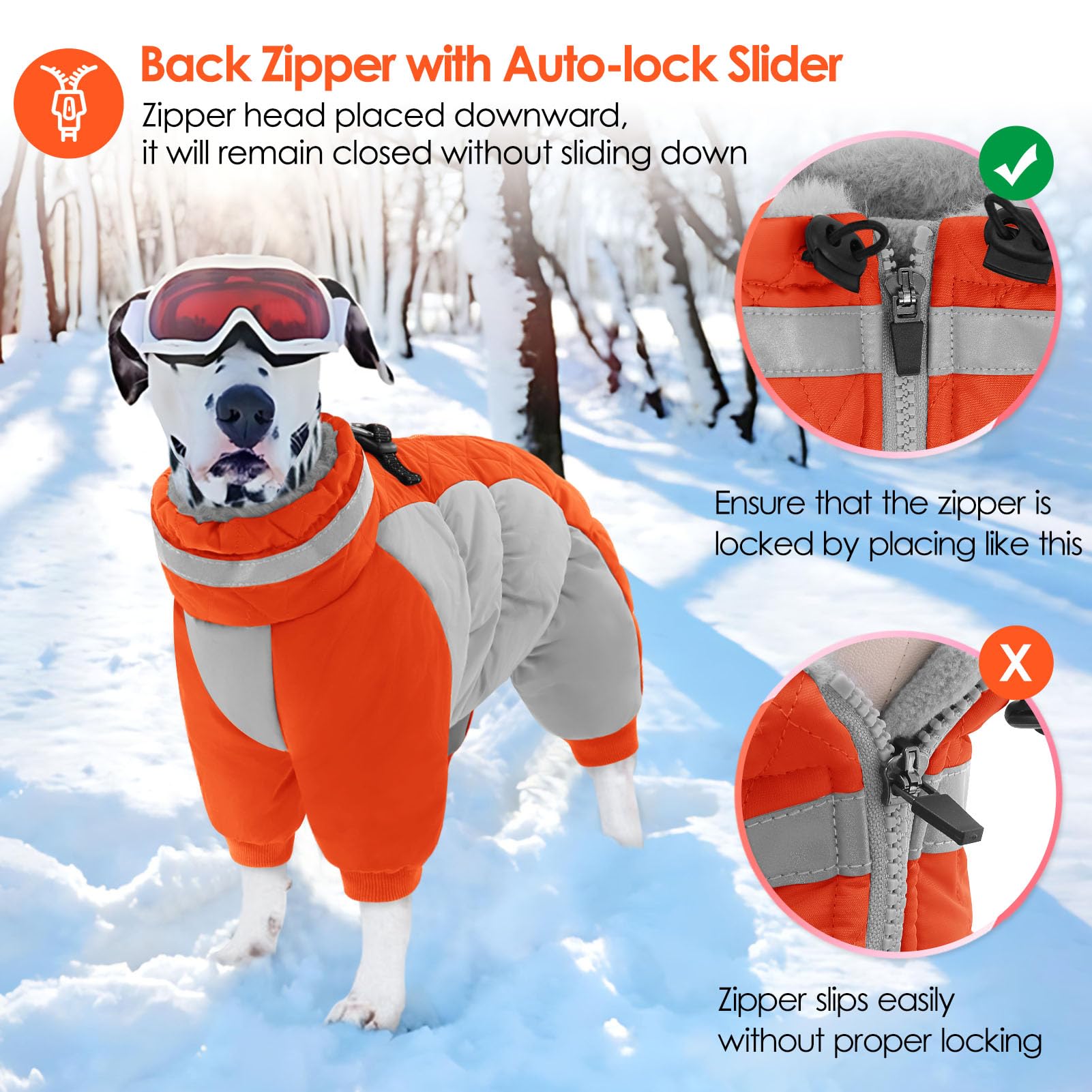 AOFITEE dog coat with four legs secures snug fit and movement.