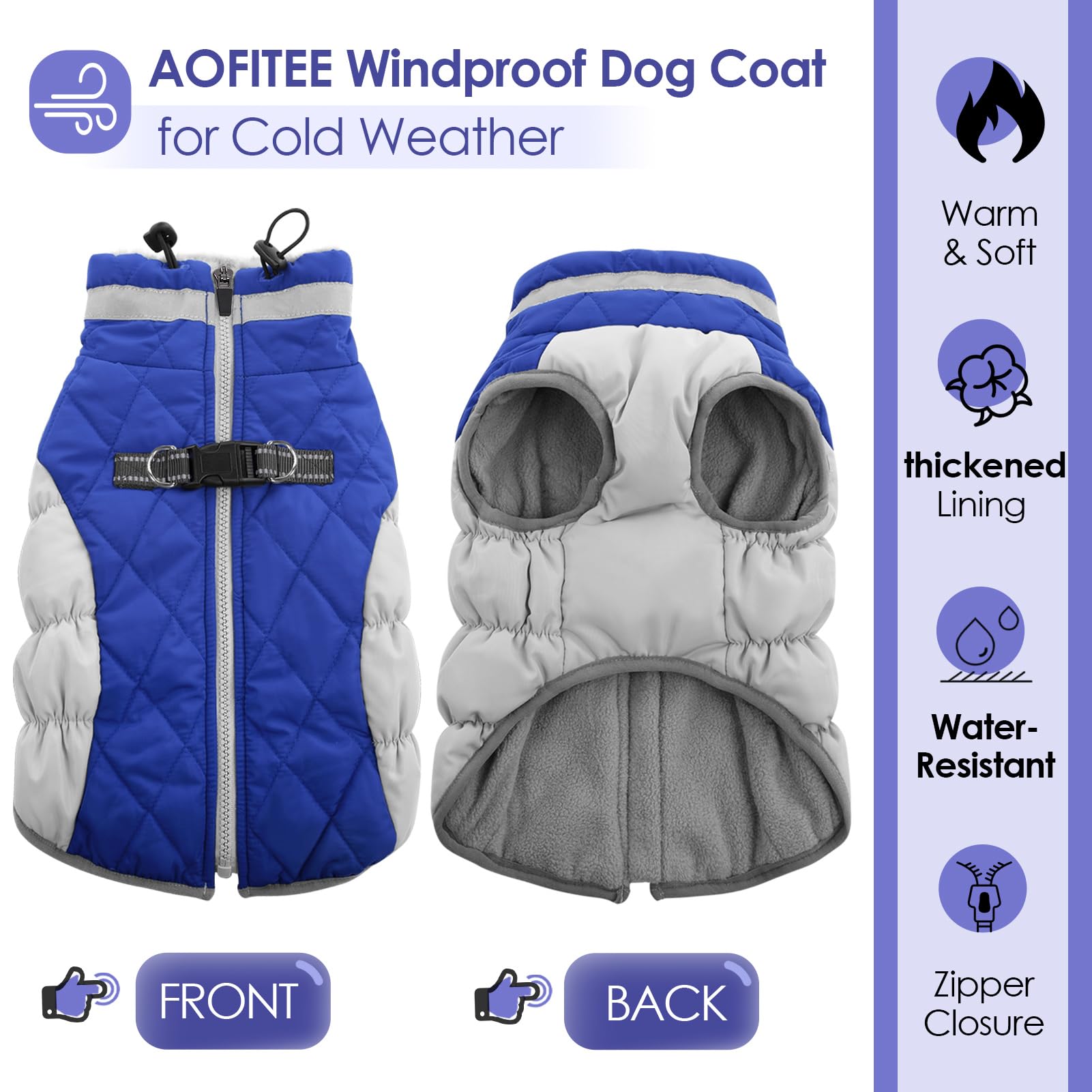 AOFITEE dog coat back view highlights built-in harness-friendly design for secure leash use.