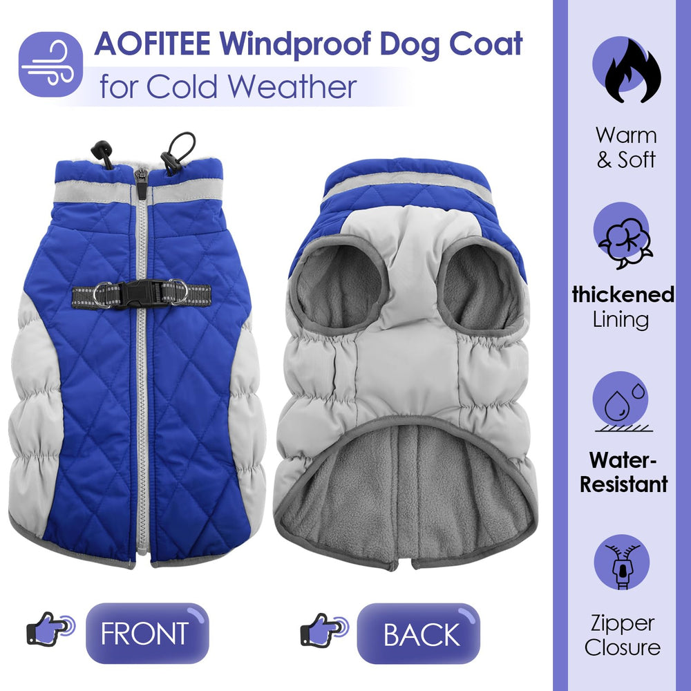 AOFITEE dog coat back view highlights built-in harness-friendly design for secure leash use.
