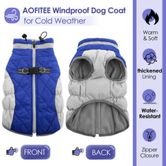 AOFITEE dog coat back view highlights built-in harness-friendly design for secure leash use.