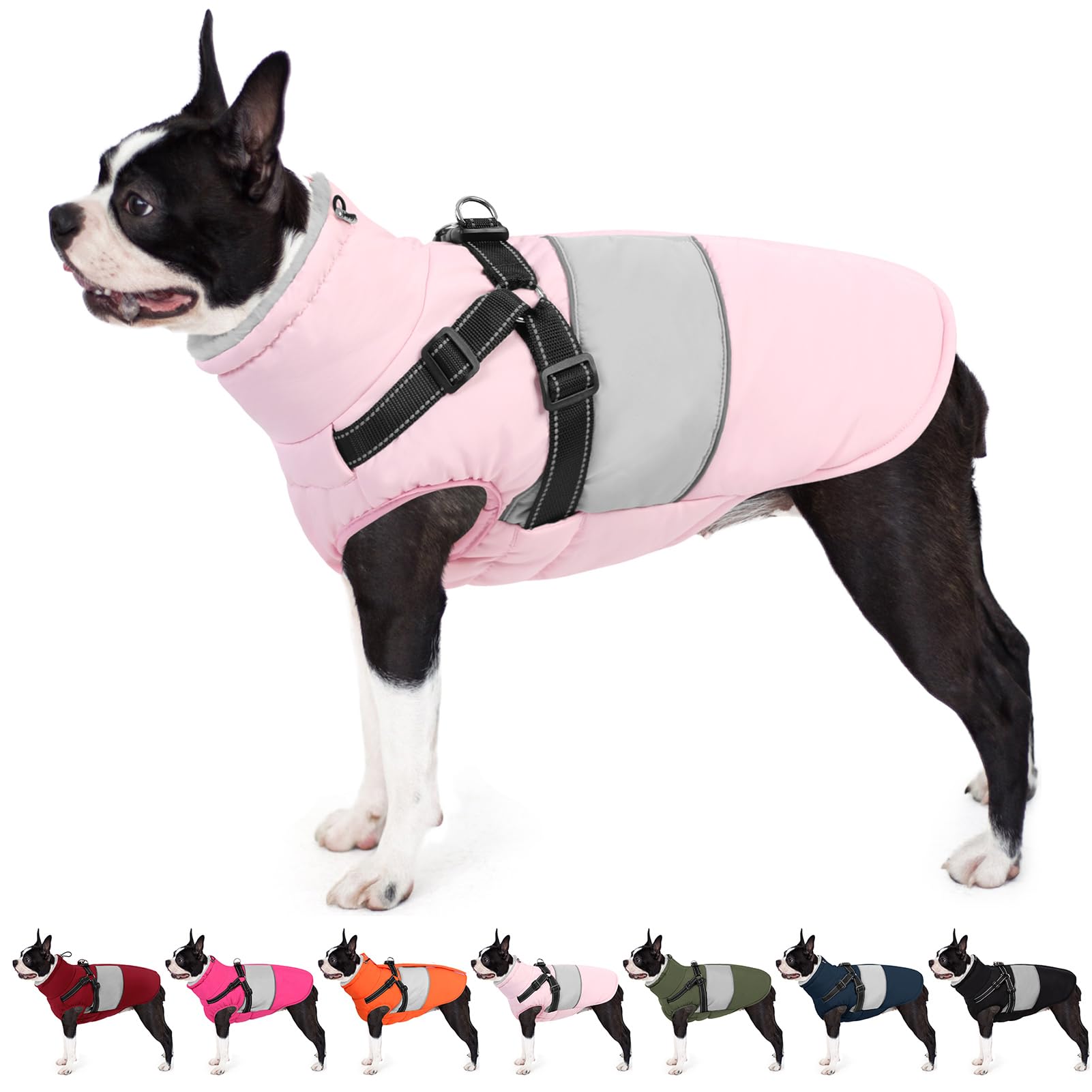 AOFITEE waterproof winter dog coat with harness for rainy walks.