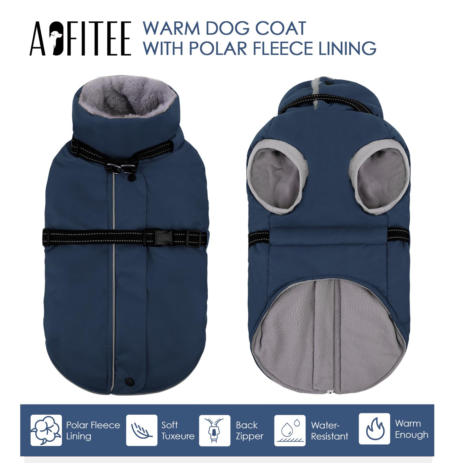 AOFITEE dog jacket back zipper and quick release buckle for easy on off